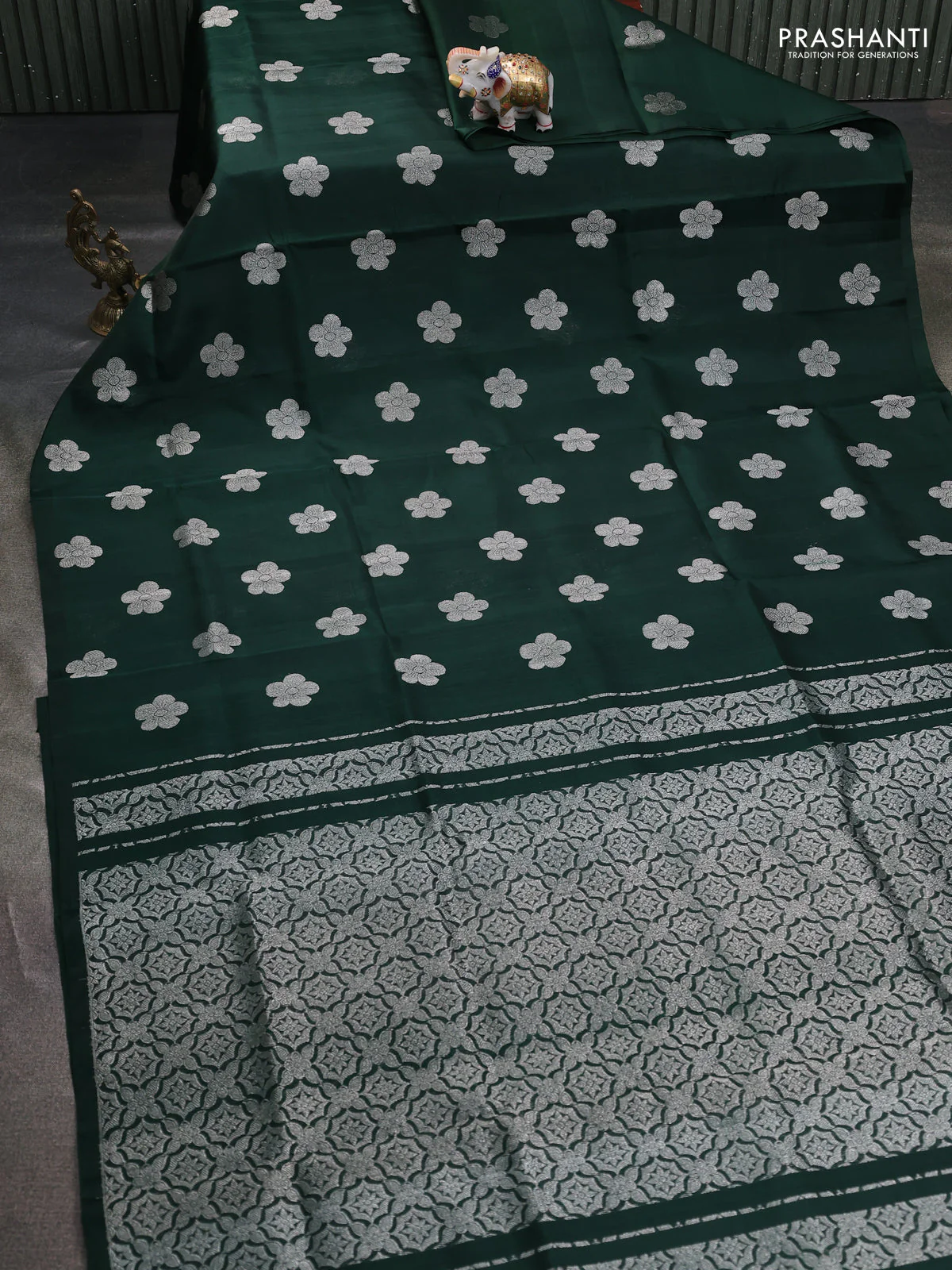 Venkatagiri silk saree bottle green with silver zari woven floral buttas in borderless style - Image 2