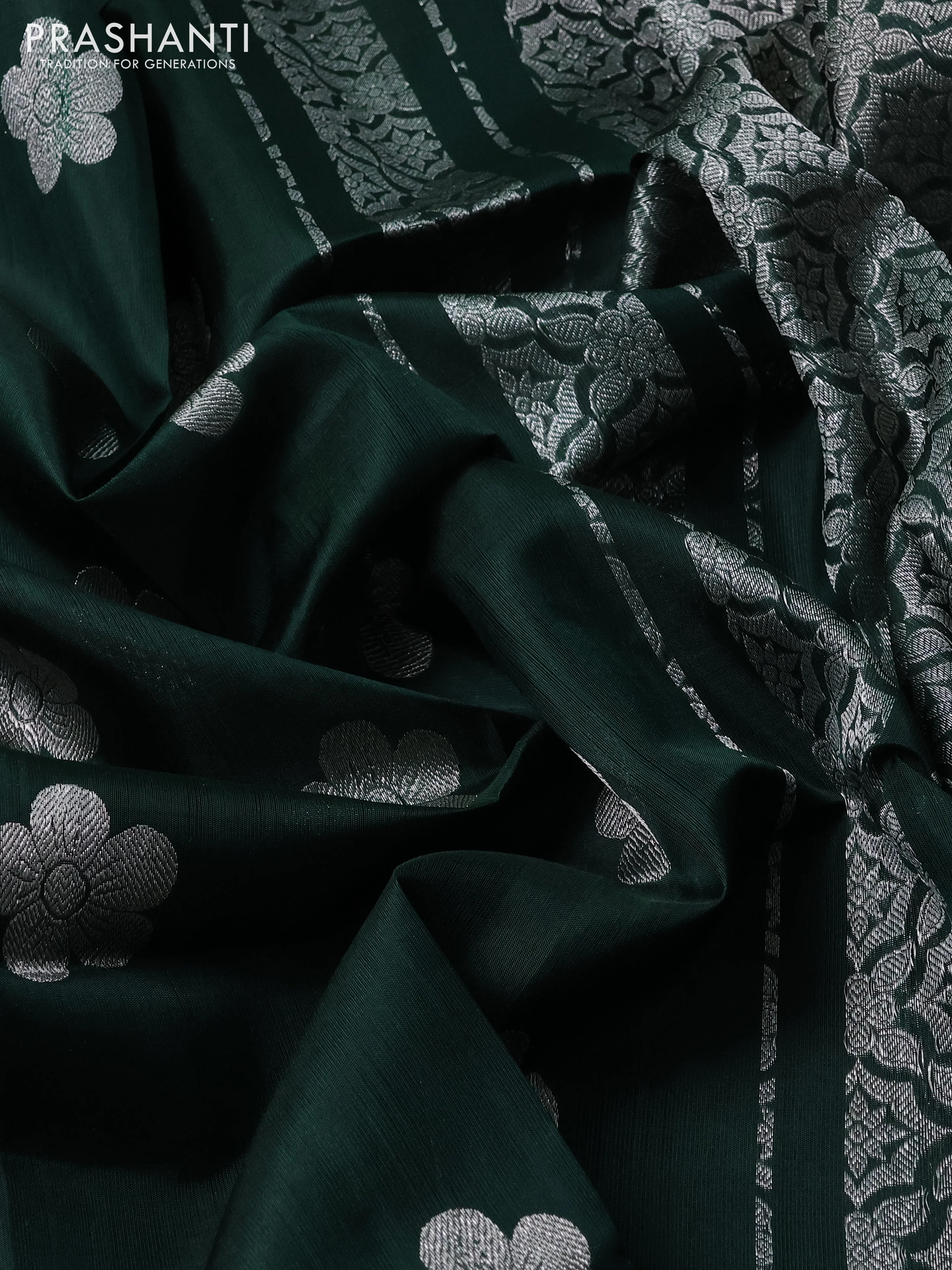 Venkatagiri silk saree bottle green with silver zari woven floral buttas in borderless style - Image 3