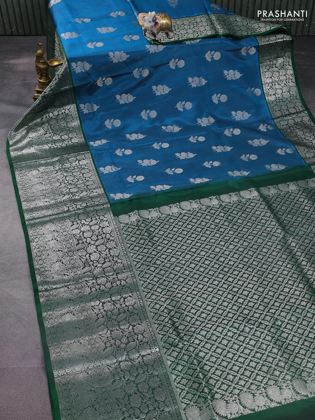 Venkatagiri silk saree cs blue and green with silver zari woven floral buttas and long silver zari woven border - Image 2
