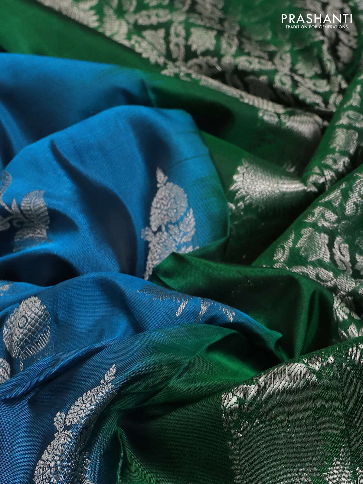 Venkatagiri silk saree cs blue and green with silver zari woven floral buttas and long silver zari woven border - Image 3