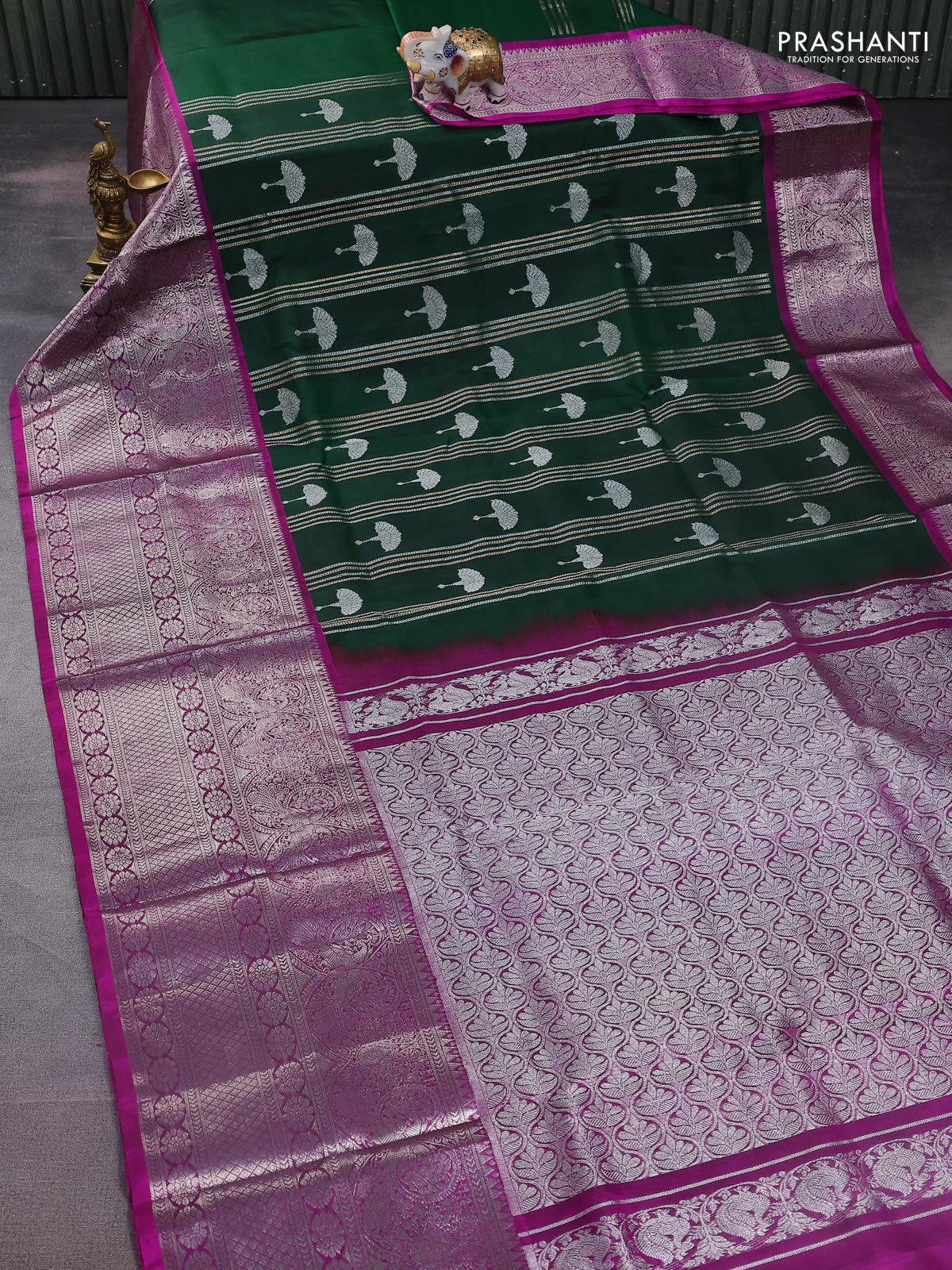 Venkatagiri silk saree dark green and purple with allover zari weaves & buttas and long silver zari woven border - Image 2