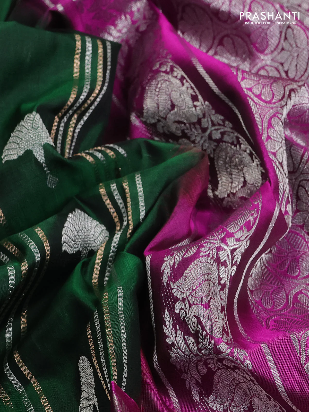 Venkatagiri silk saree dark green and purple with allover zari weaves & buttas and long silver zari woven border - Image 3
