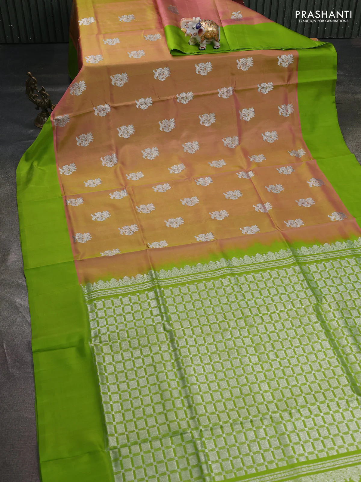 Venkatagiri silk saree dual shade of peach shade and light green with silver zari woven floral buttas and simple border - Image 2