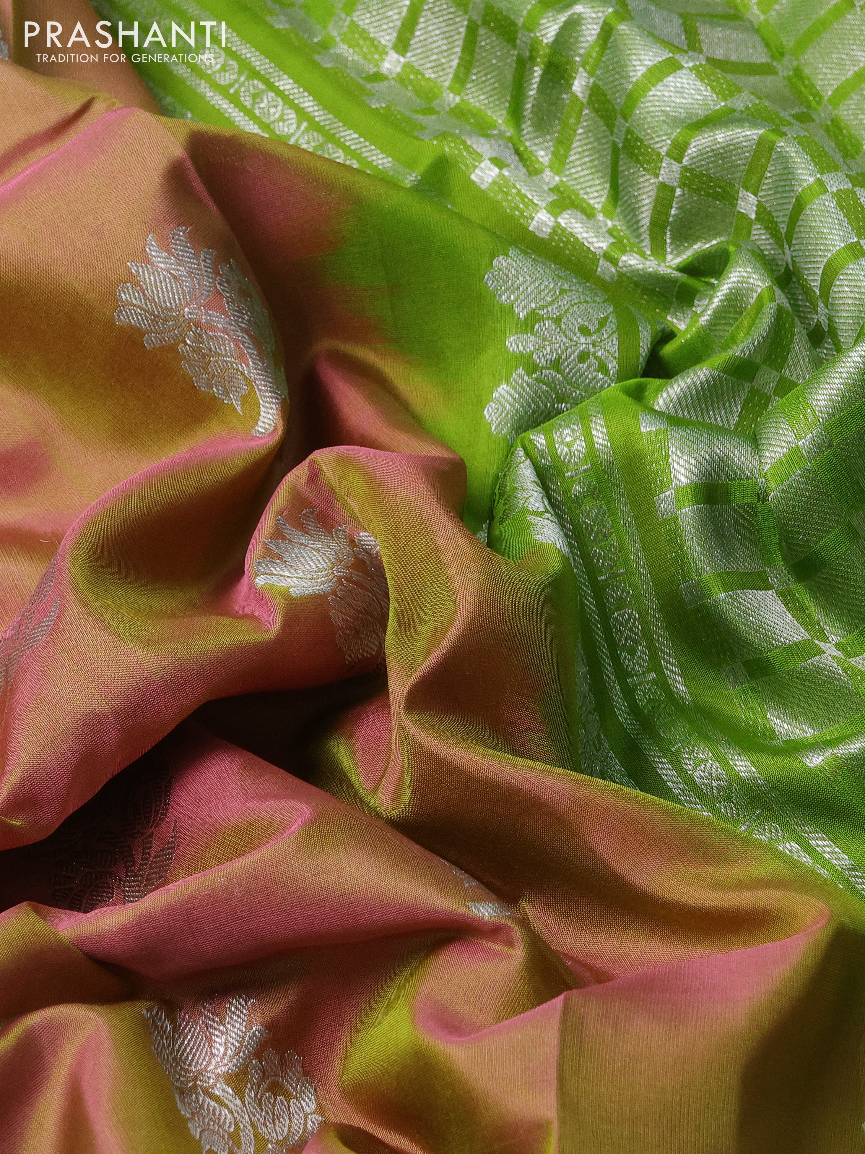 Venkatagiri silk saree dual shade of peach shade and light green with silver zari woven floral buttas and simple border - Image 3