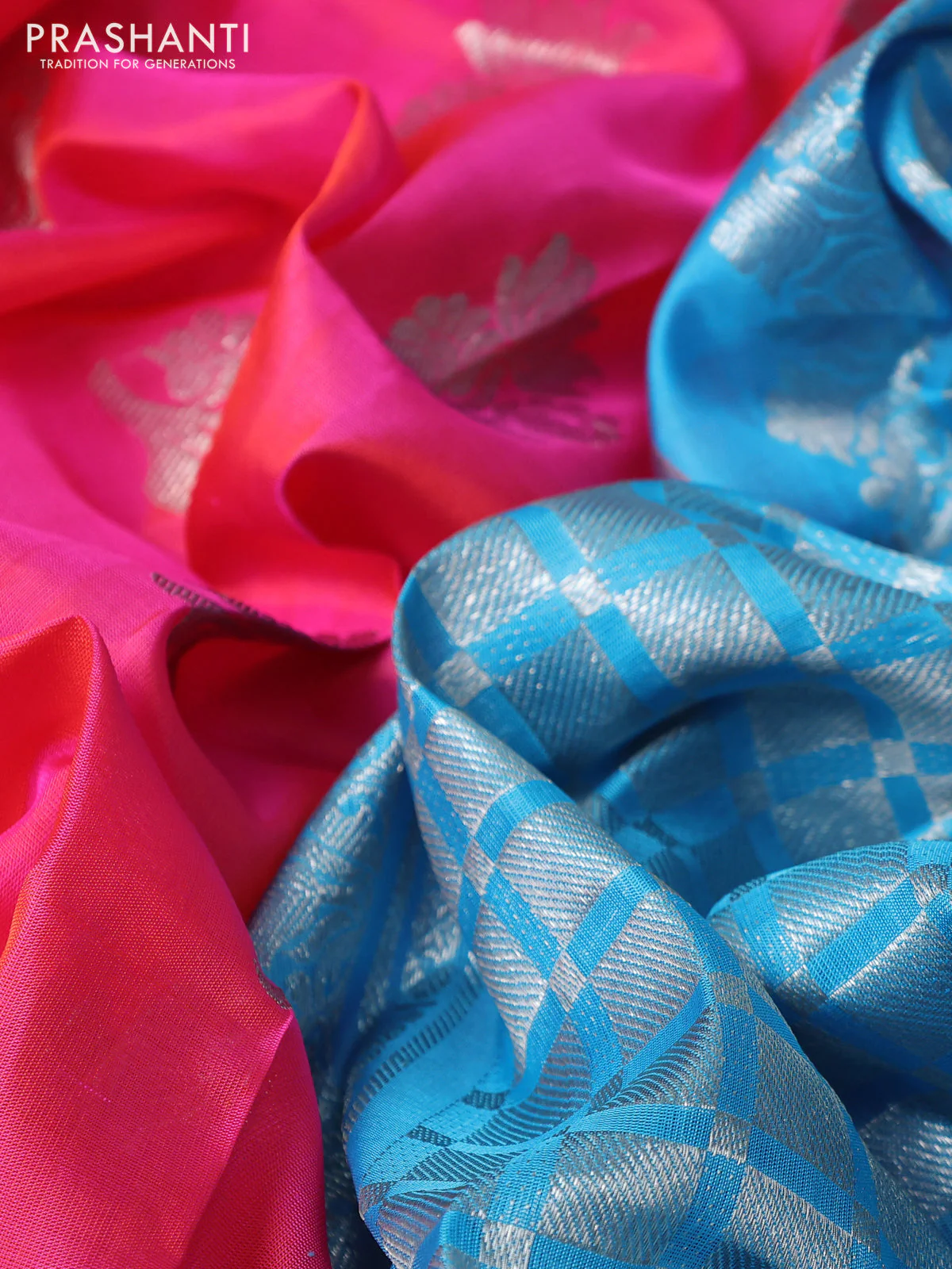 Venkatagiri silk saree dual shade of pink and light blue with silver zari woven buttas and simple border - Image 3