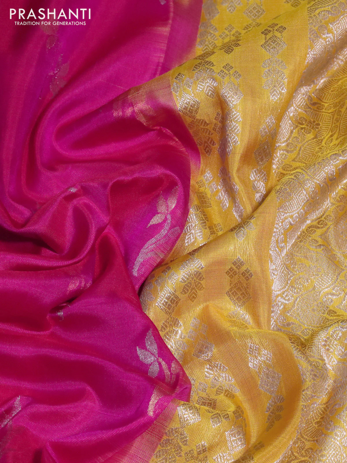 Venkatagiri silk saree dual shade of pink and yellow with silver & gold zari woven floral buttas and silver zari woven border - Image 3