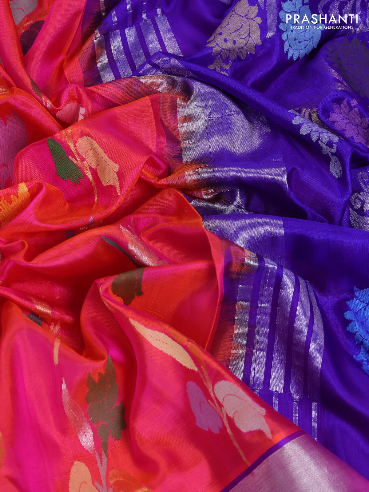 Venkatagiri silk saree dual shade of pinkish orange and blue with allover jamdhani design weaving and silver zari woven border - Image 3