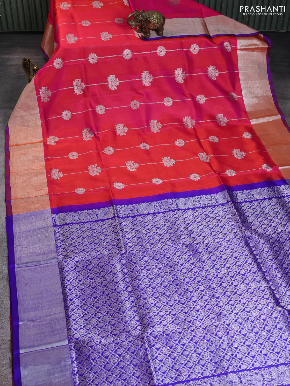 Venkatagiri silk saree dual shade of pinkish orange and blue with allover silver zari weaves and silver zari woven border - Image 2