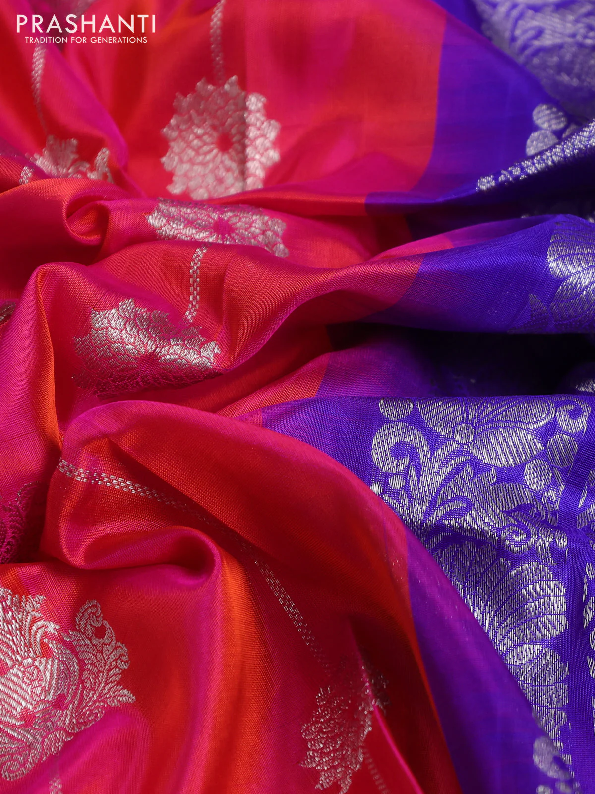 Venkatagiri silk saree dual shade of pinkish orange and blue with allover silver zari weaves and silver zari woven border - Image 3