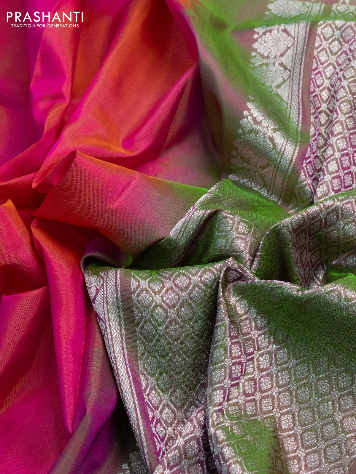 Venkatagiri silk saree dual shade of pinkish orange and dual shade of green with plain body and rettapet silver zari woven border - Image 3