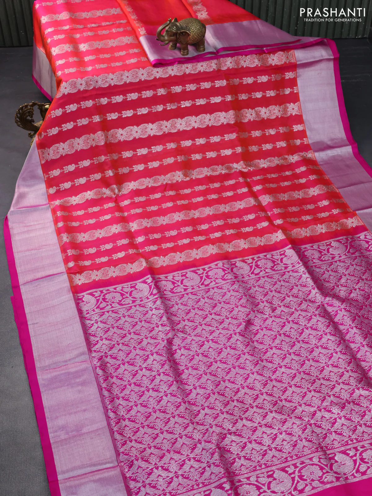 Venkatagiri silk saree dual shade of pinkish orange and pink with allover silver zari weaves and silver zari woven border - Image 2