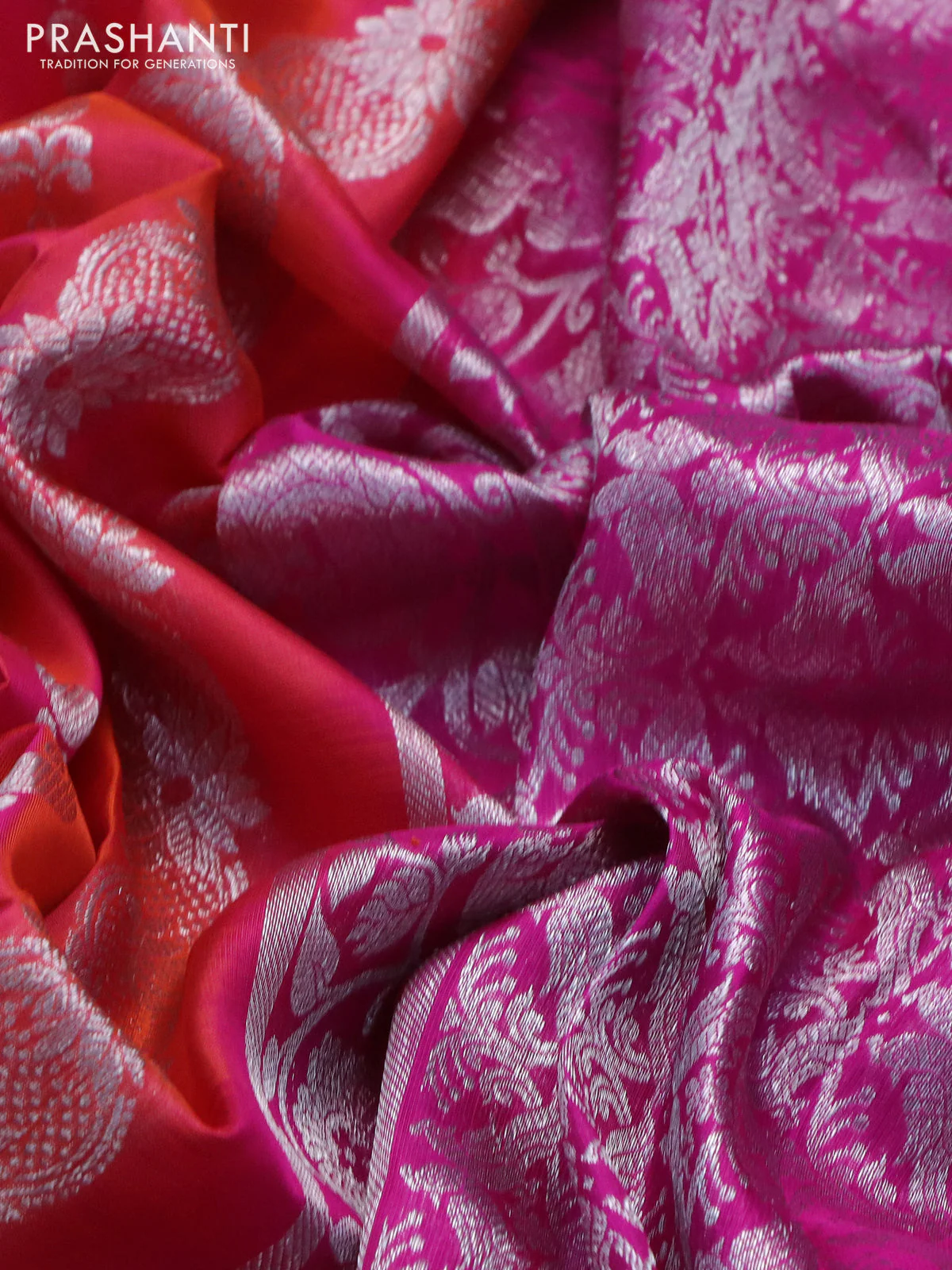 Venkatagiri silk saree dual shade of pinkish orange and pink with allover silver zari weaves and silver zari woven border - Image 3