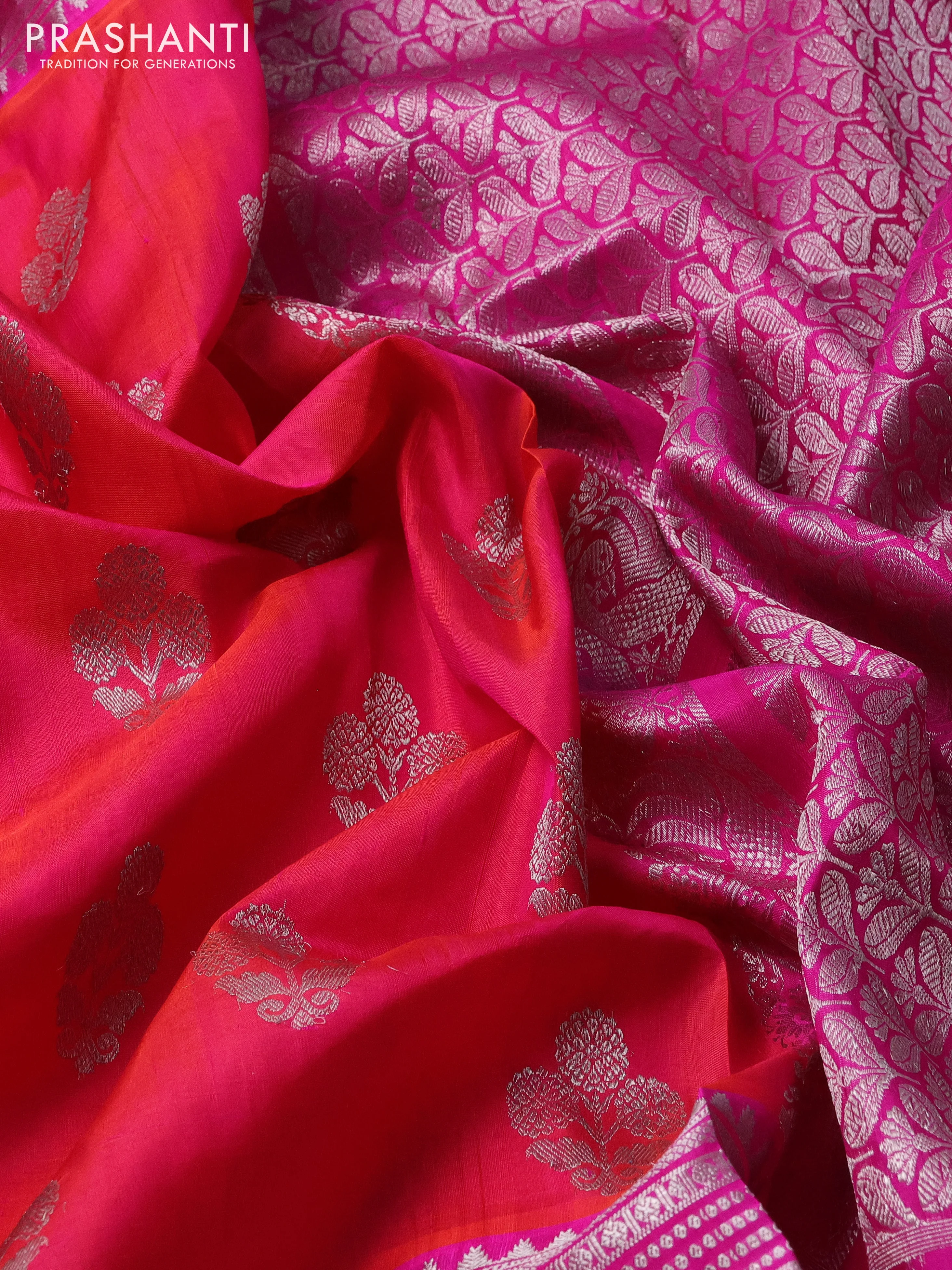 Venkatagiri silk saree dual shade of pinkish orange and pink with allover silver zari woven buttas and long silver zari woven border - Image 3