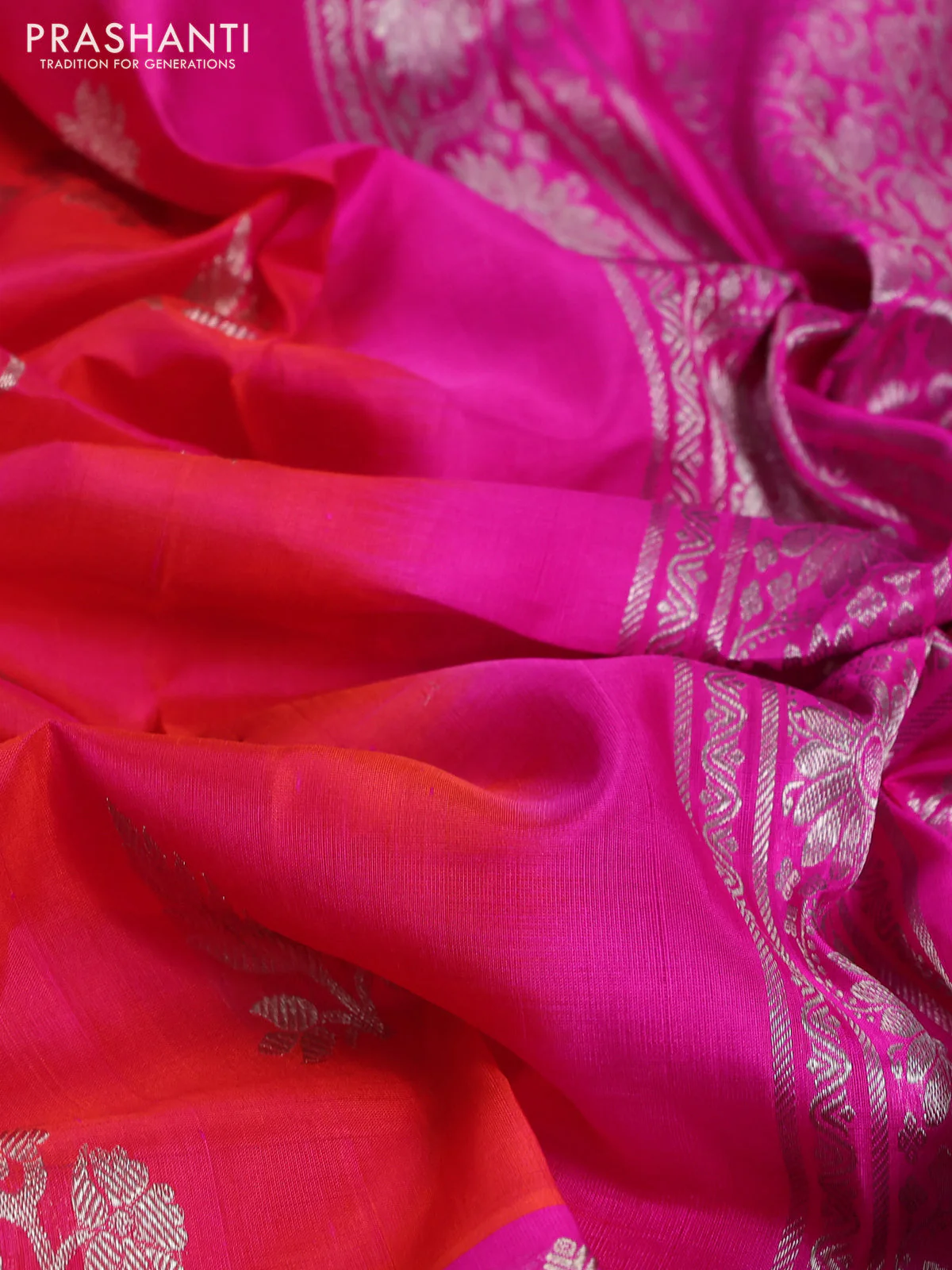 Venkatagiri silk saree dual shade of pinkish orange and pink with silver zari woven buttas and long silver zari woven border - Image 3