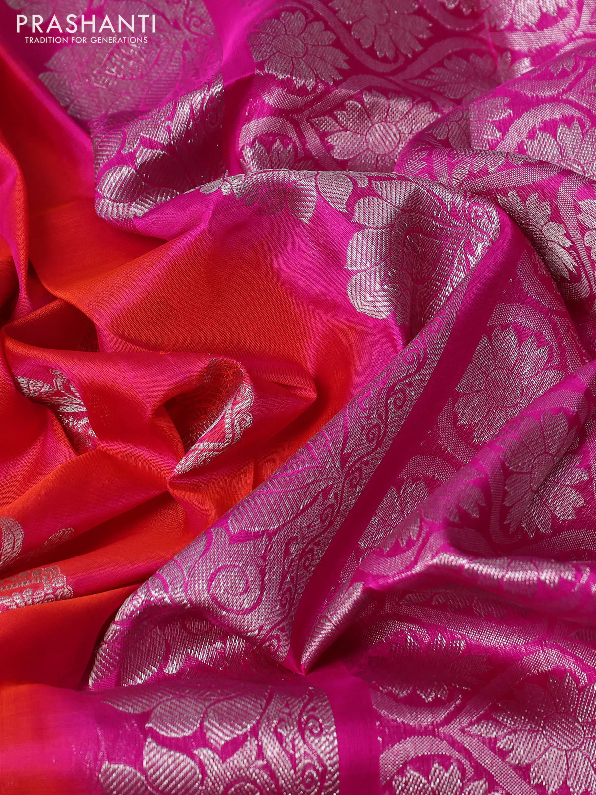 Venkatagiri silk saree dual shade of pinkish orange and pink with silver zari woven buttas and long zari woven border - Image 3