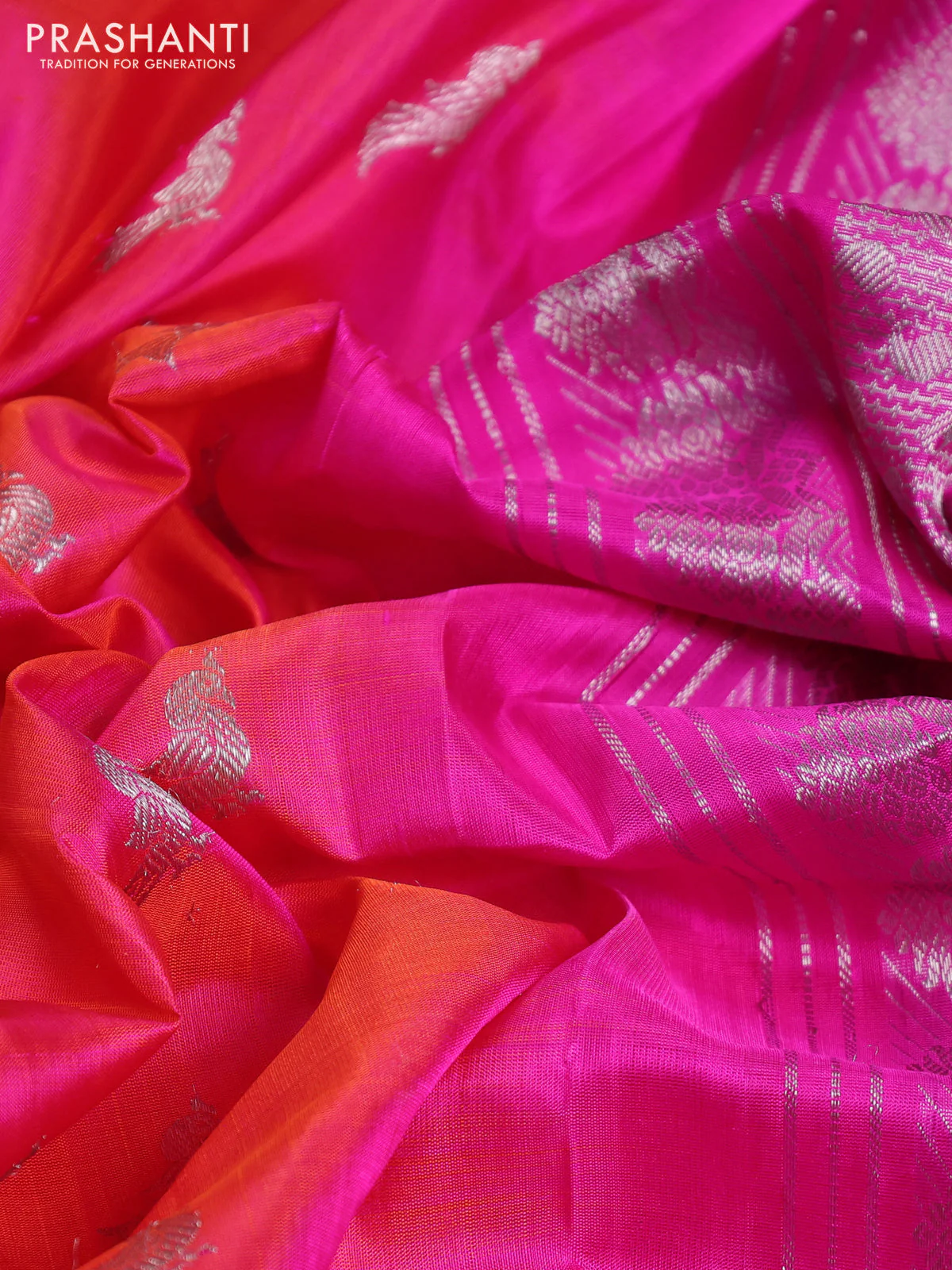 Venkatagiri silk saree dual shade of pinkish orange and pink with silver zari woven buttas and silver zari woven border - Image 3