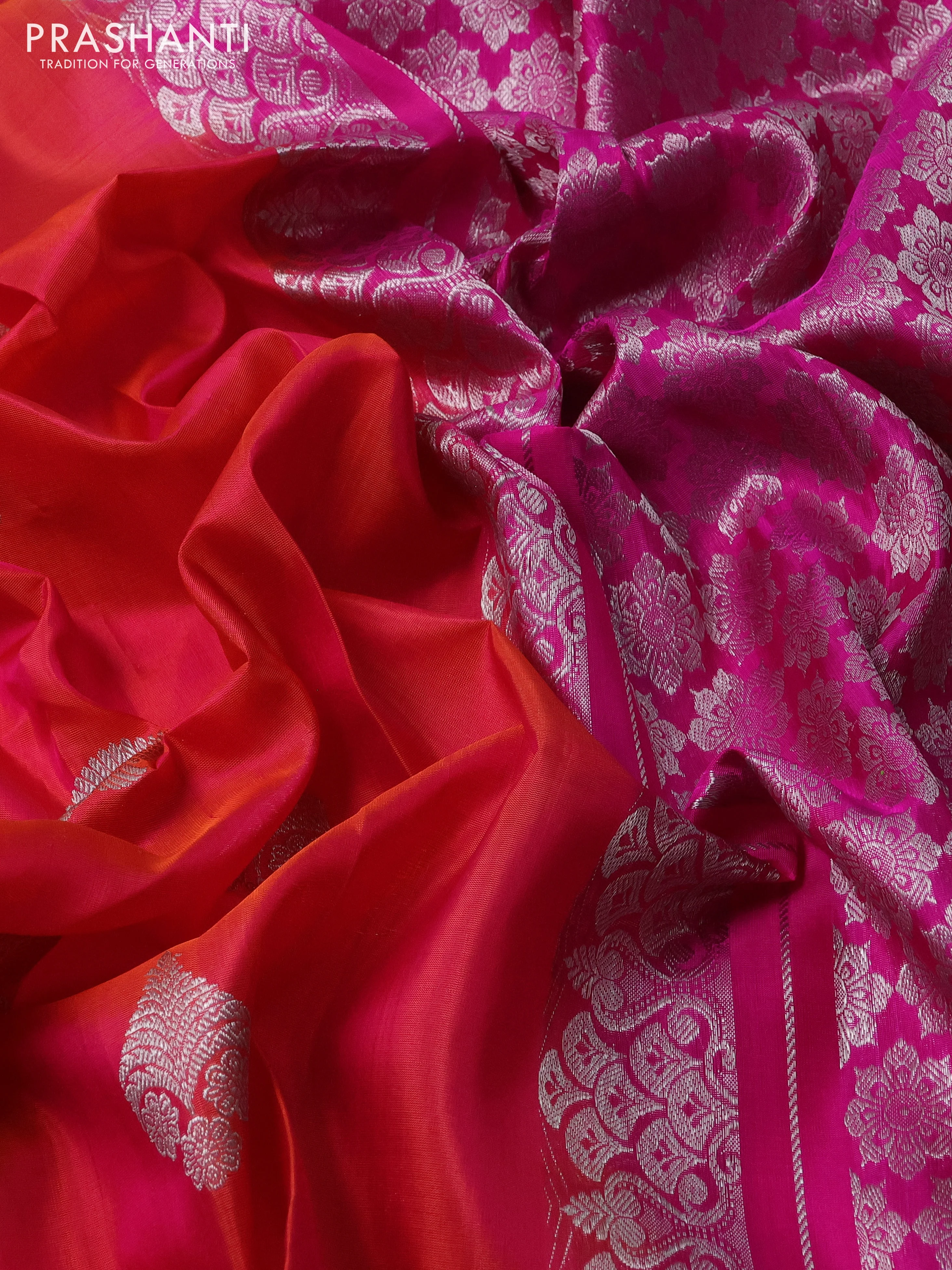Venkatagiri silk saree dual shade of pinkish orange and pink with silver zari woven buttas and silver zari woven border - Image 3