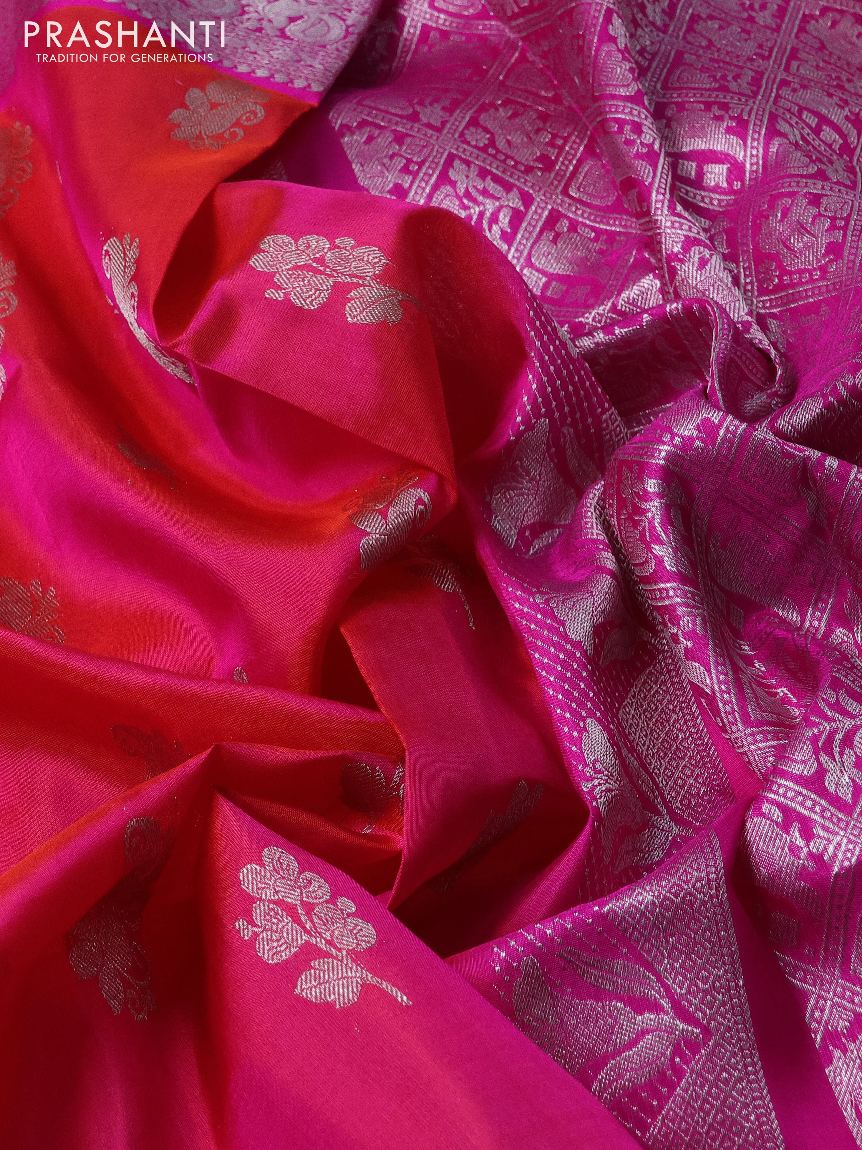 Venkatagiri silk saree dual shade of pinkish orange and pink with silver zari woven buttas and silver zari woven border - Image 3
