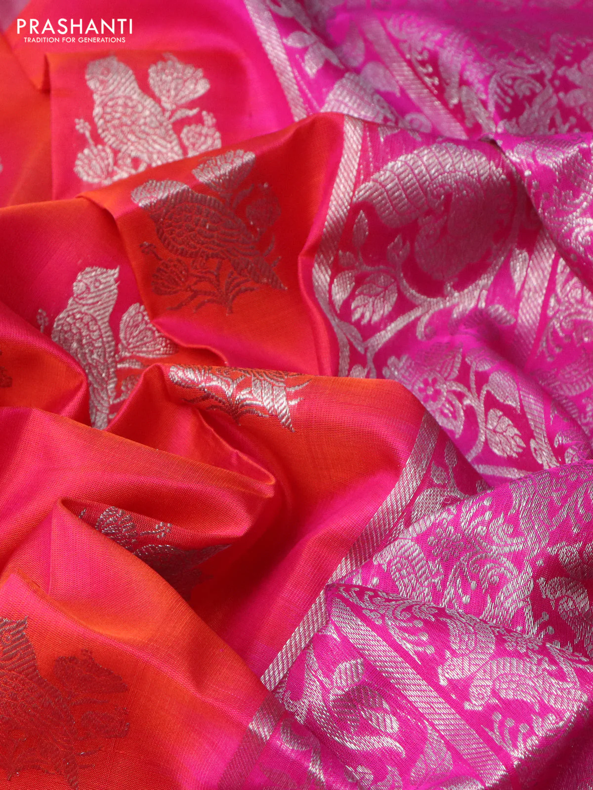 Venkatagiri silk saree dual shade of pinkish orange and pink with silver zari woven buttas and silver zari woven border - Image 3