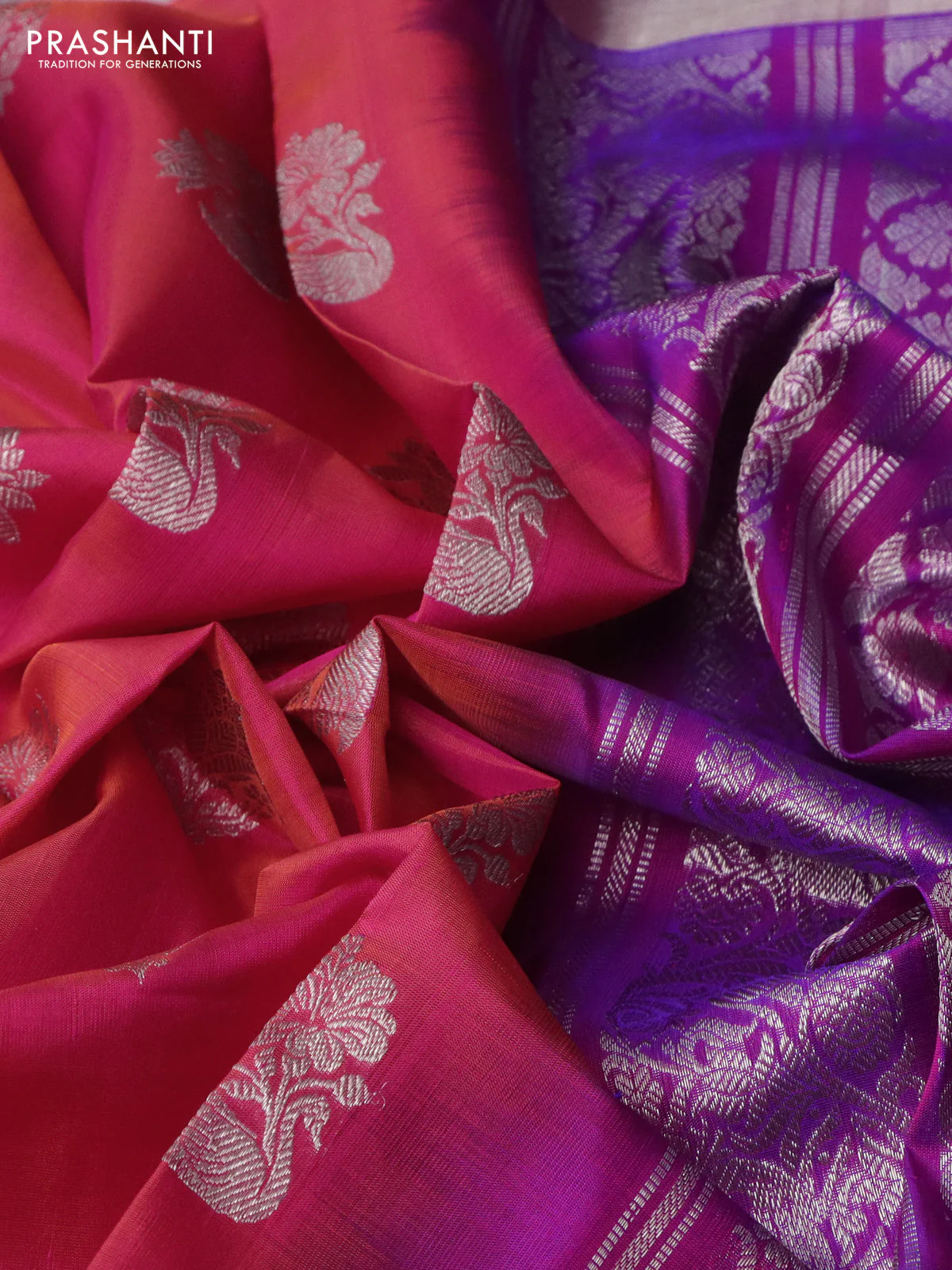 Venkatagiri silk saree dual shade of pinkish orange and pink with silver zari woven buttas and silver zari woven border - Image 3