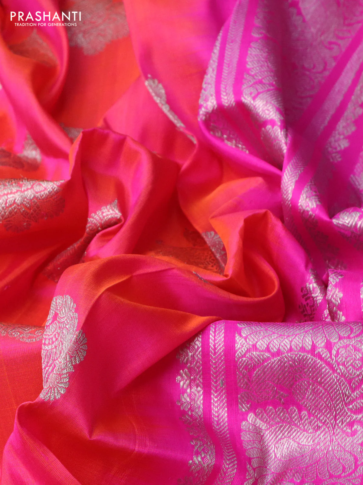 Venkatagiri silk saree dual shade of pinkish orange and pink with silver zari woven buttas and silver zari woven border - Image 3