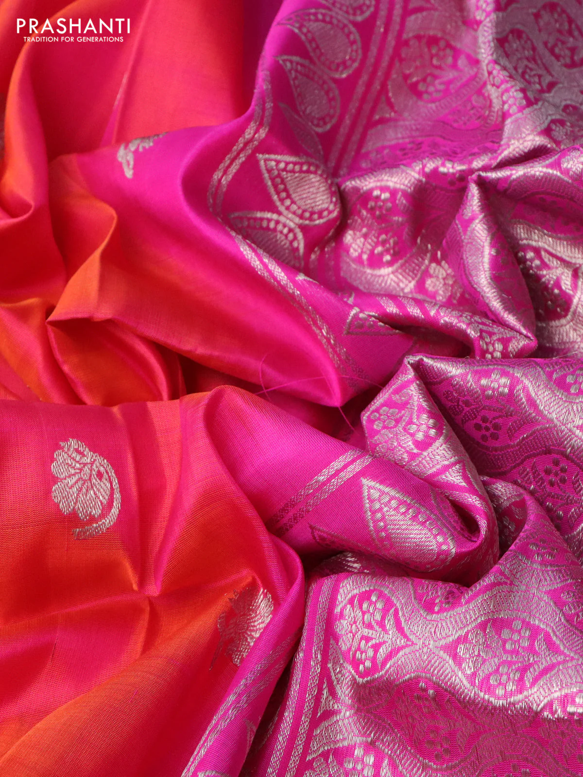 Venkatagiri silk saree dual shade of pinkish orange and pink with silver zari woven buttas and silver zari woven border - Image 3
