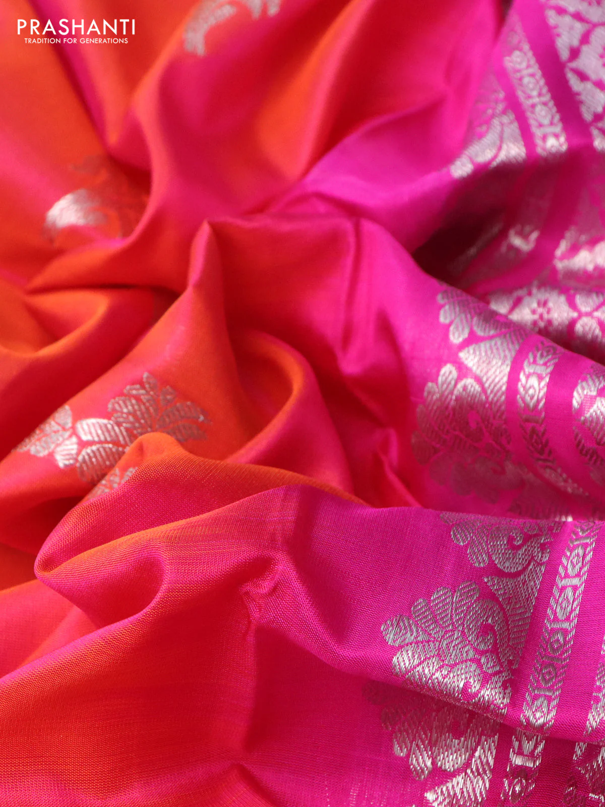 Venkatagiri silk saree dual shade of pinkish orange and pink with silver zari woven buttas and silver zari woven border - Image 3