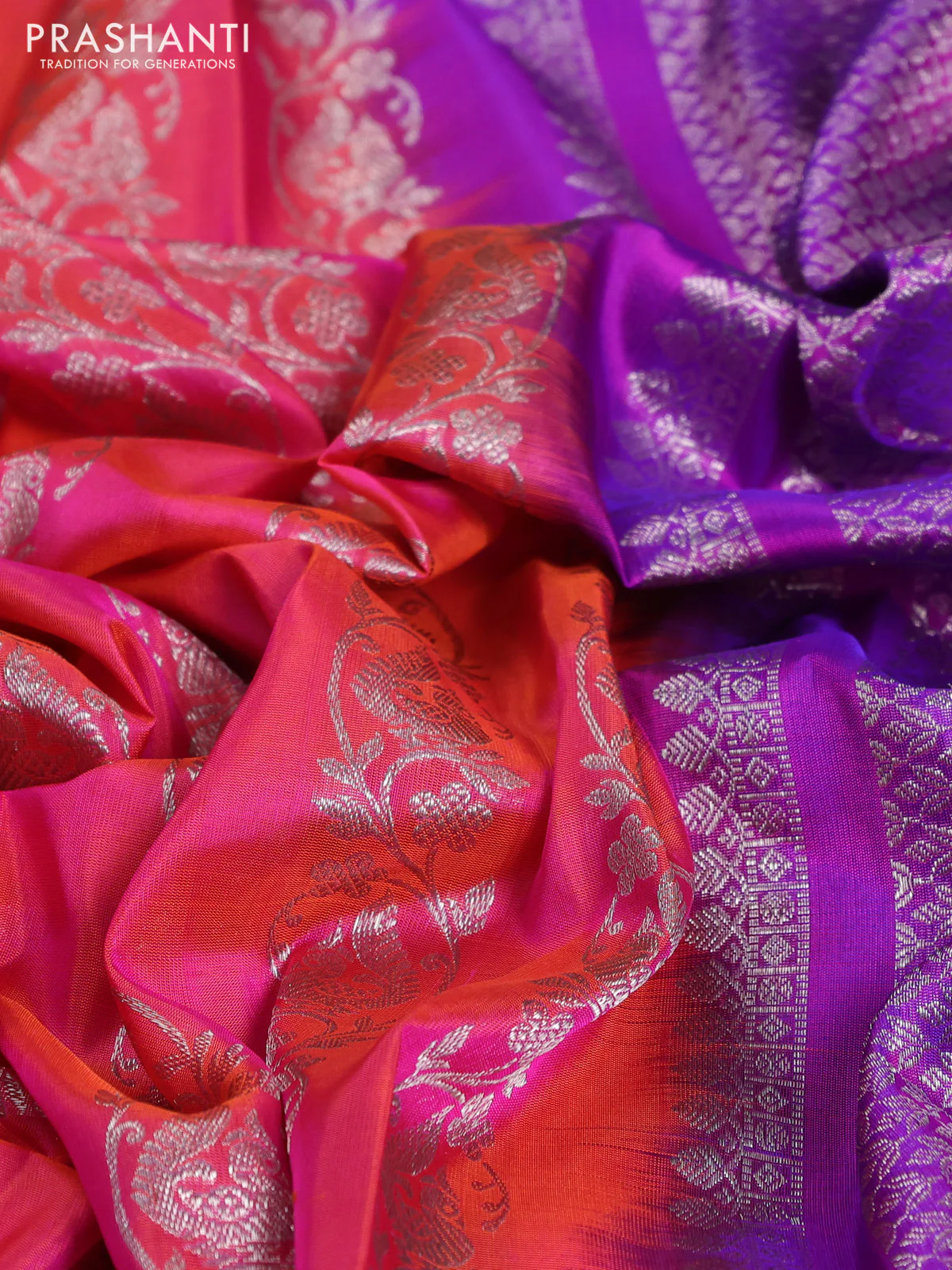 Venkatagiri silk saree dual shade of pinkish orange and purple with allover silver zari weaves and silver zari woven border - Image 3