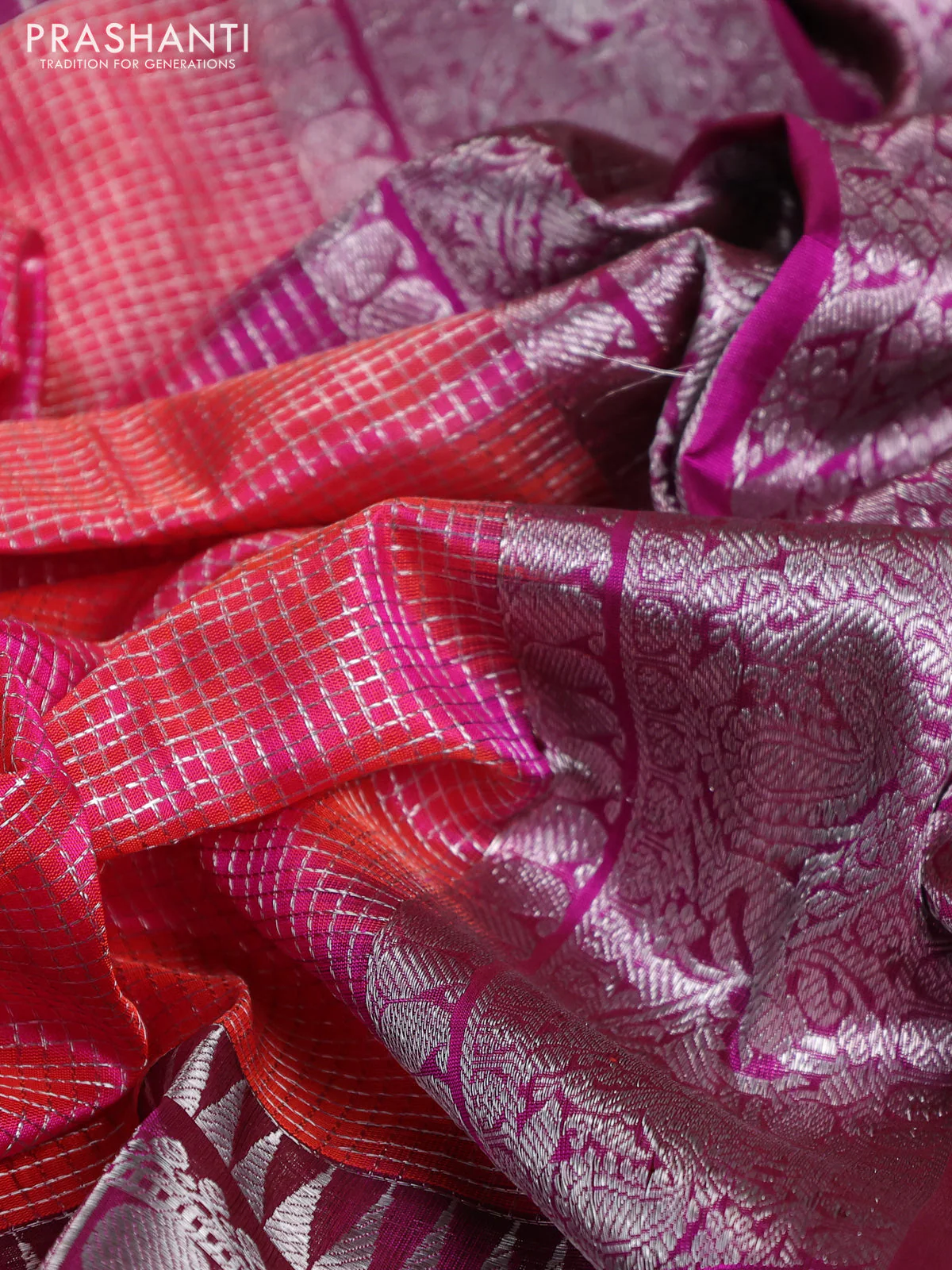 Venkatagiri silk saree dual shade of pinkish orange and purple with allover snall zari checks and long silver zari woven border - Image 3