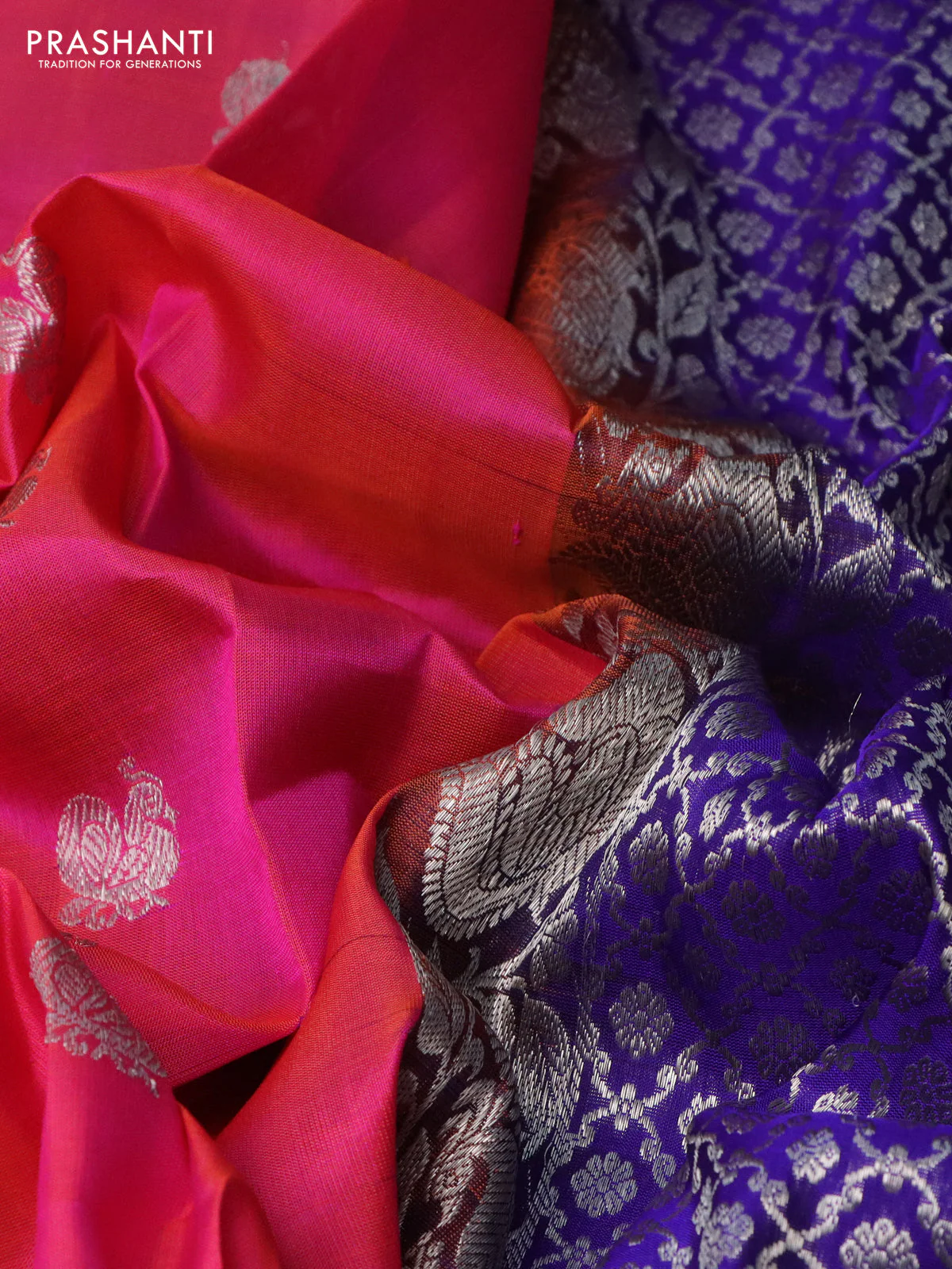 Venkatagiri silk saree dual shade of pinkish orange and purple with annam silver zari woven buttas and silver zari woven border - Image 3