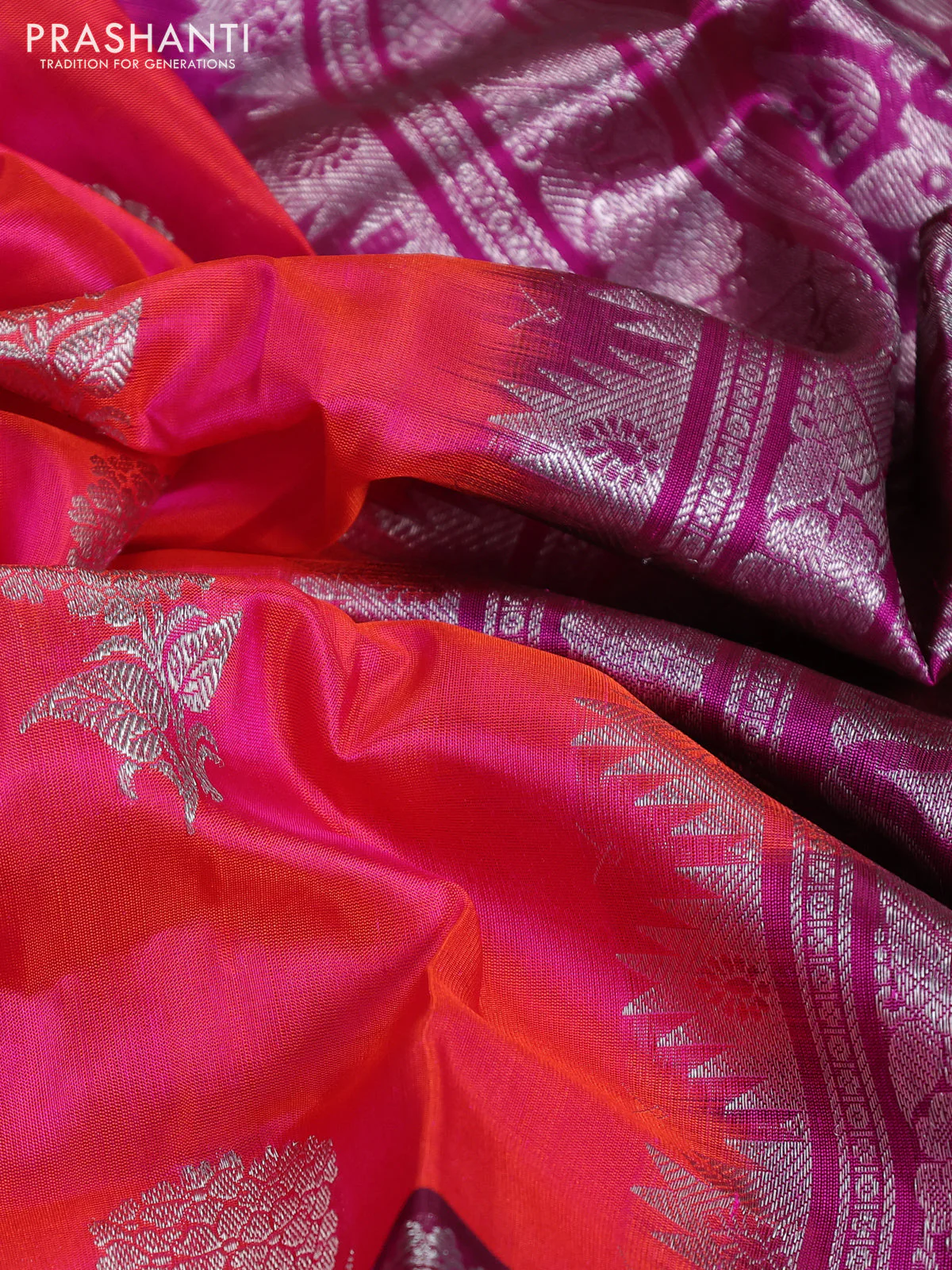 Venkatagiri silk saree dual shade of pinkish orange and purple with silver zari woven buttas and long silver zari woven border - Image 3