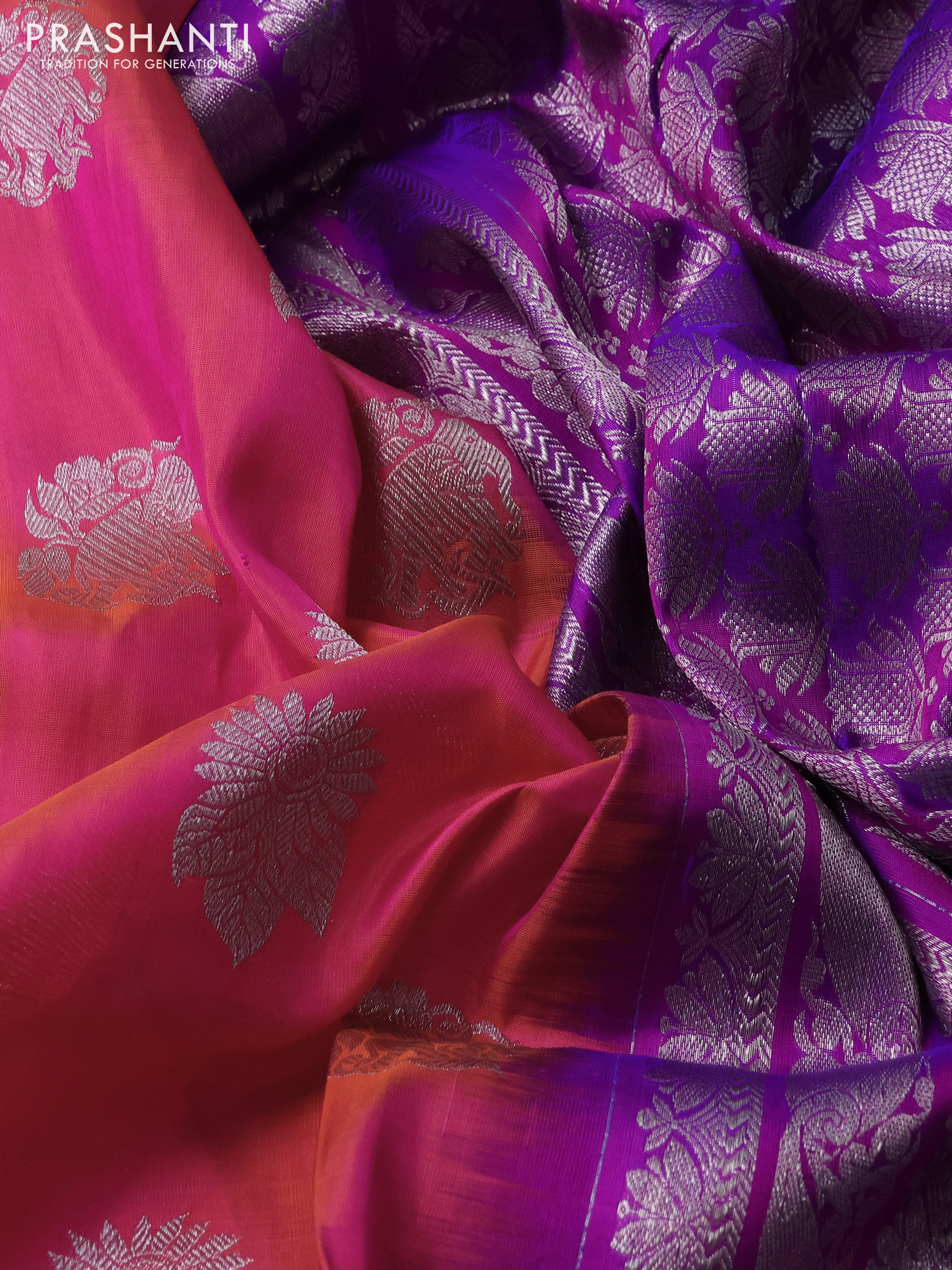 Venkatagiri silk saree dual shade of pinkish orange and purple with silver zari woven buttas and silver zari woven border - Image 3