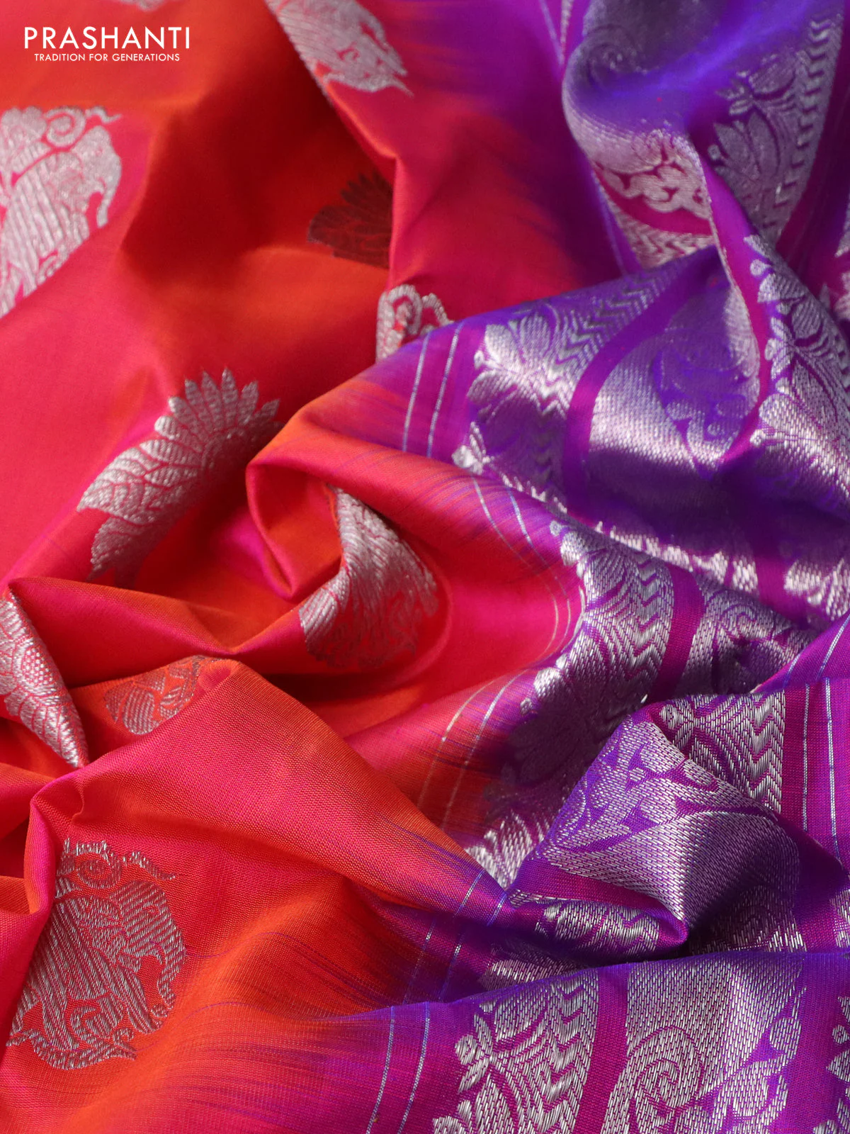Venkatagiri silk saree dual shade of pinkish orange and purple with silver zari woven buttas and silver zari woven border - Image 3