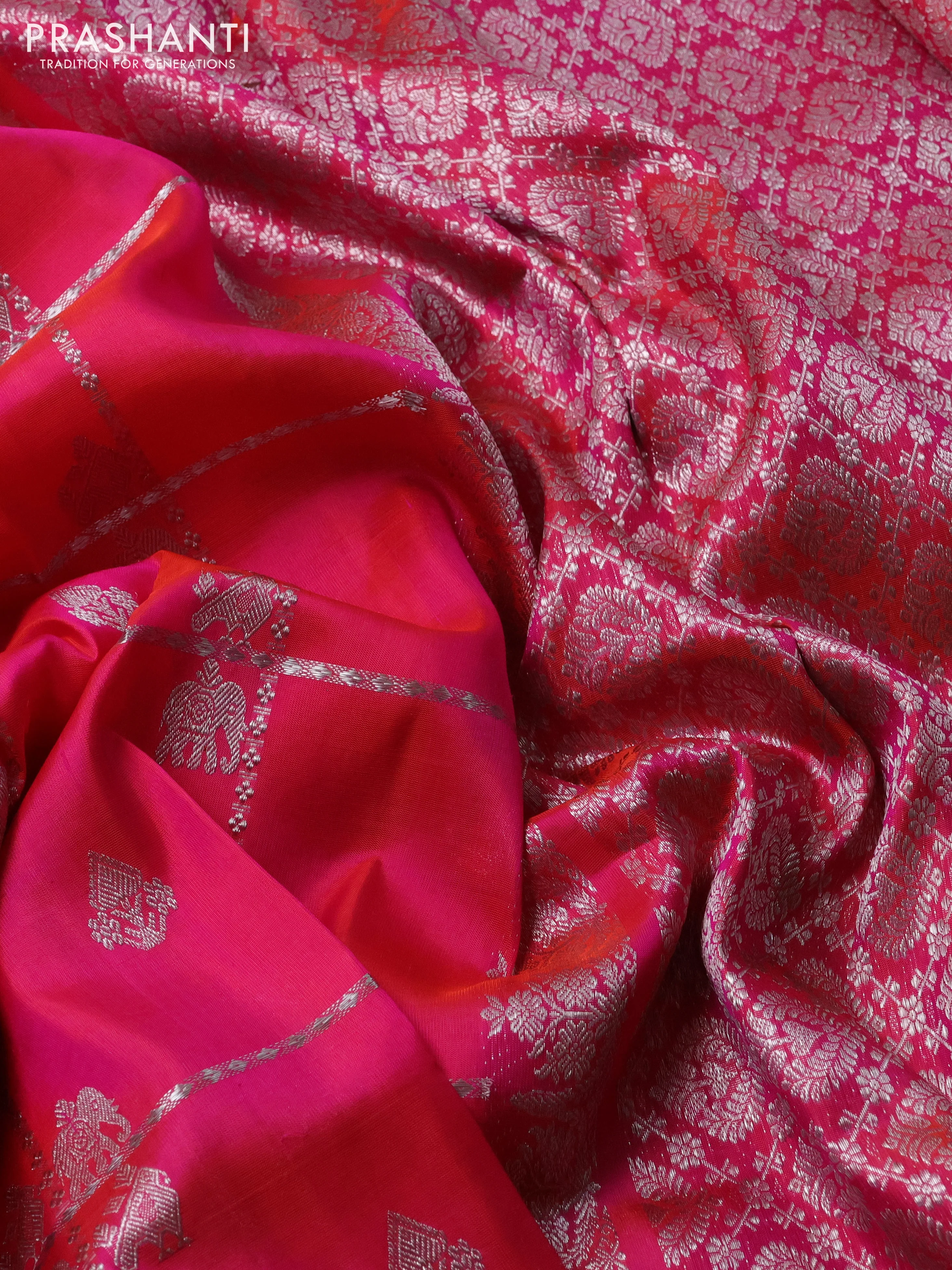 Venkatagiri silk saree dual shade of pinkish orange with allover silver zari checks & buttas and silver zari woven border - Image 3