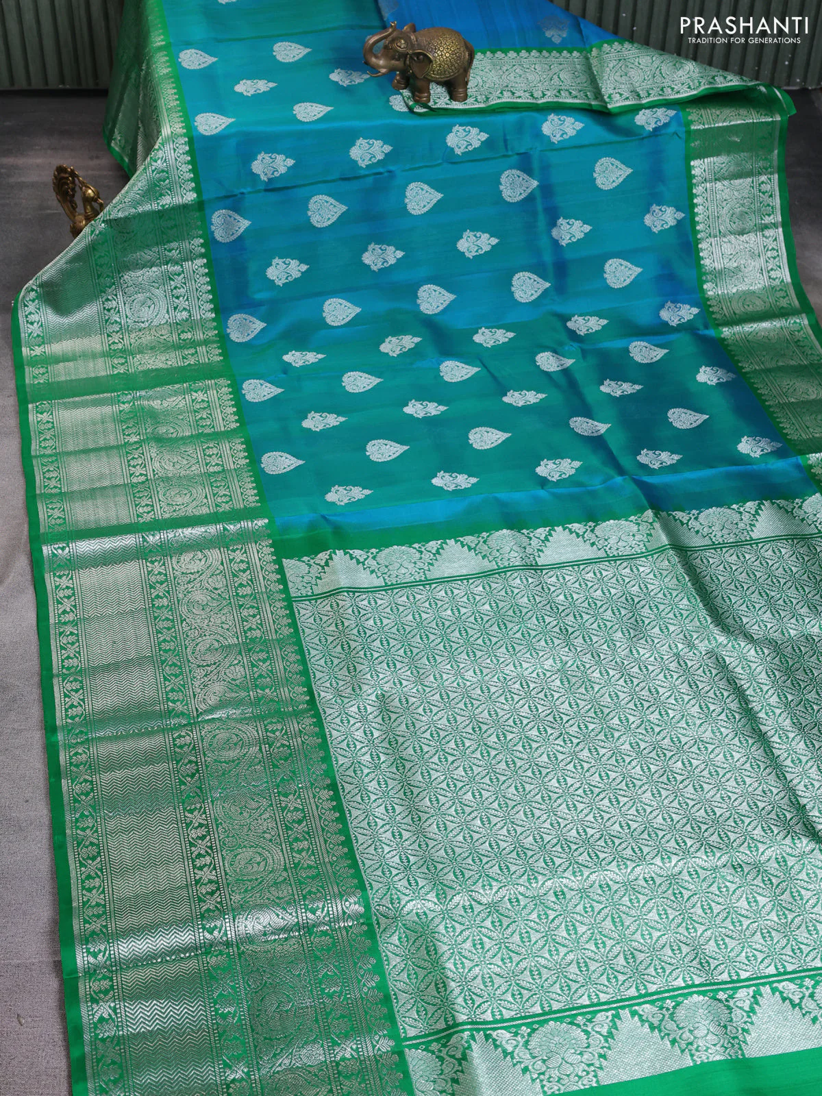 Venkatagiri silk saree dual shade of teal blue and green with silver zari woven buttas and long silver zari woven border - Image 2