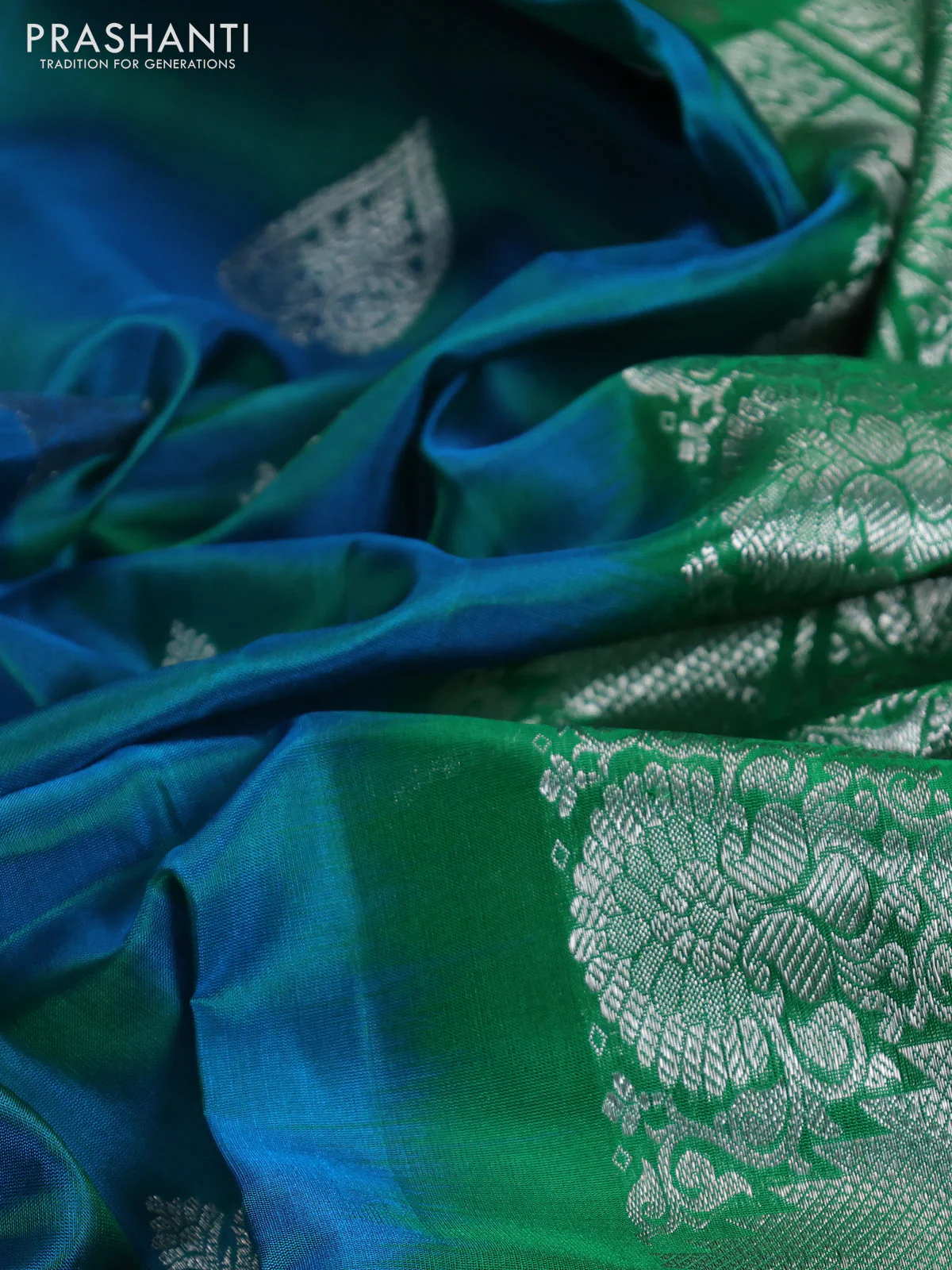 Venkatagiri silk saree dual shade of teal blue and green with silver zari woven buttas and long silver zari woven border - Image 3