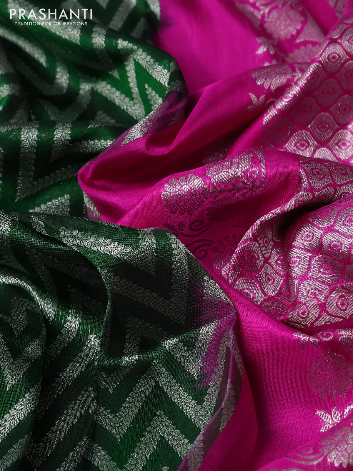 Venkatagiri silk saree green and magenta pink with allover zig zag silver zari weaves and silver zari woven paithani border - Image 3