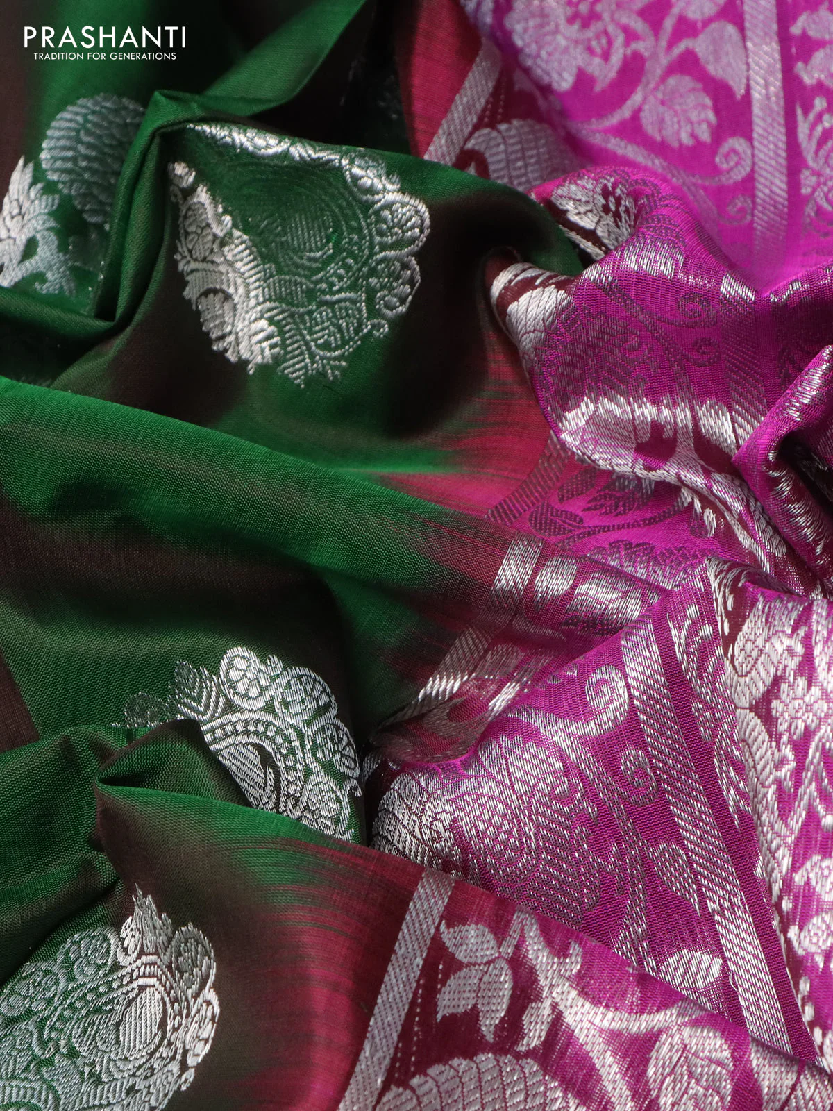 Venkatagiri silk saree green and magenta pink with silver zari woven buttas and silver zari woven border - Image 3
