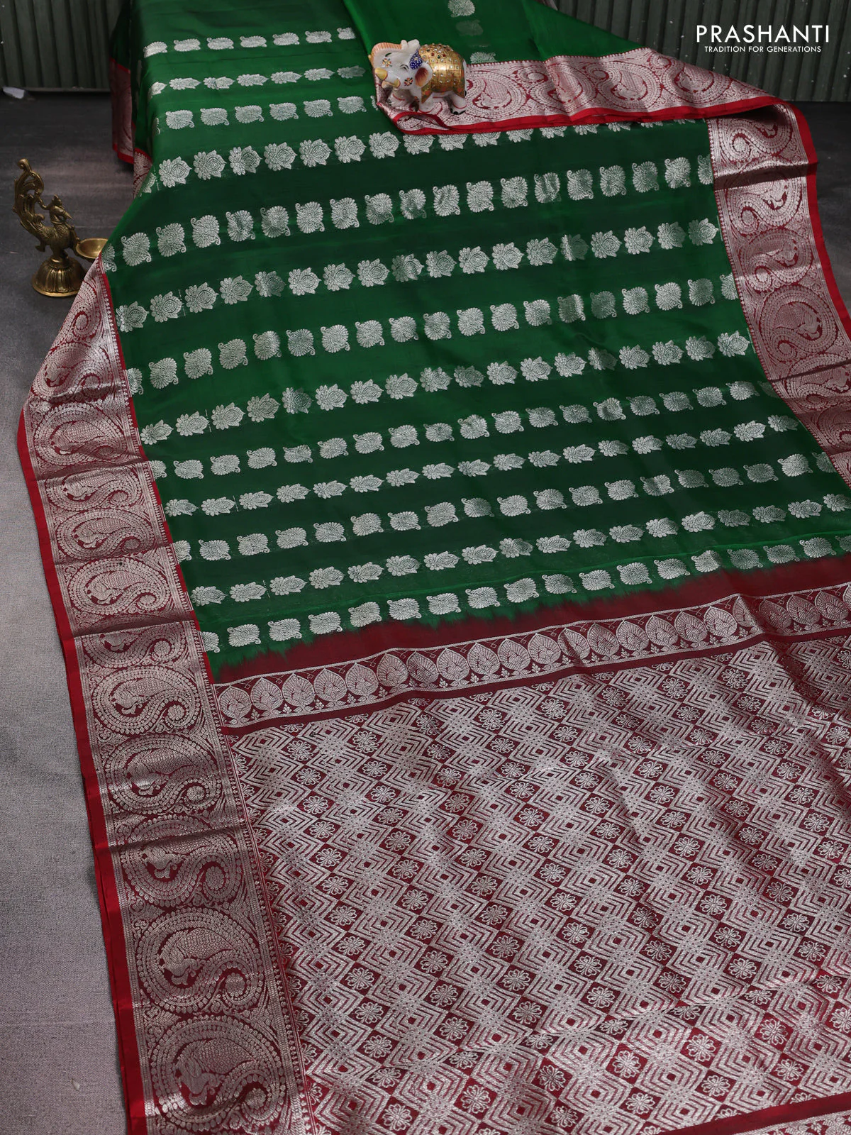 Venkatagiri silk saree green and maroon with silver zari woven buttas and silver zari woven border - Image 2