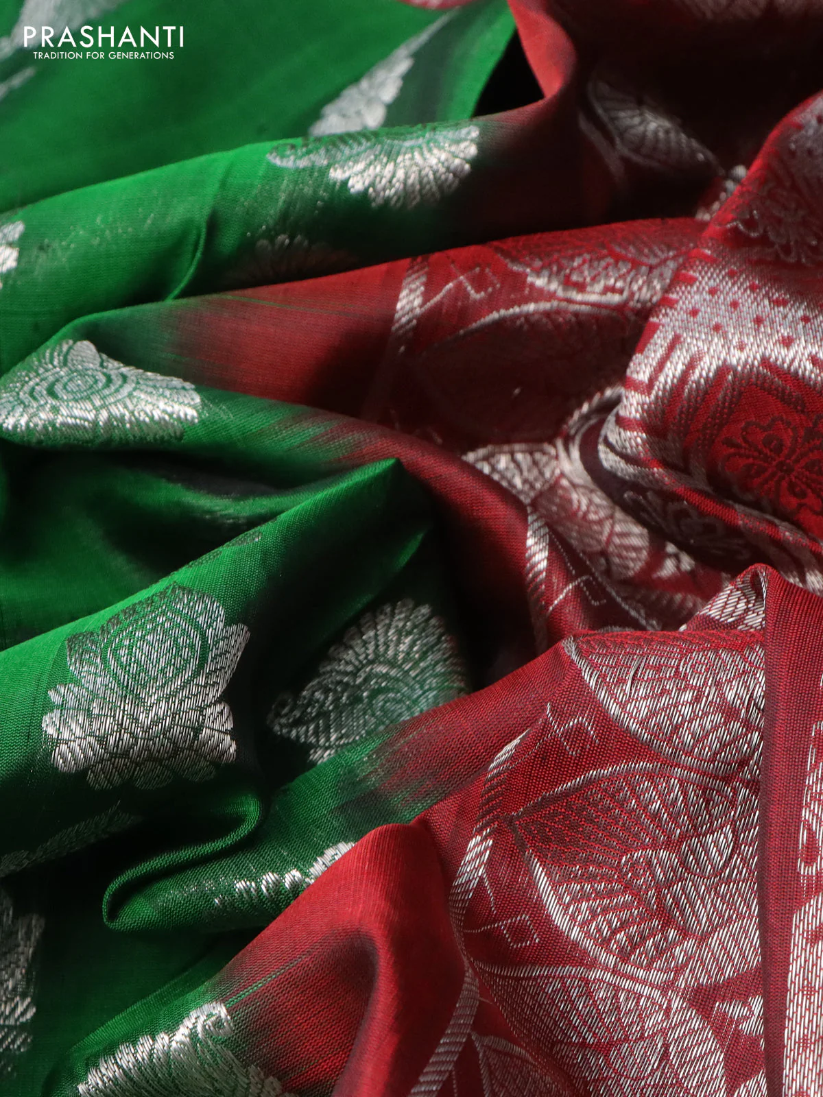 Venkatagiri silk saree green and maroon with silver zari woven buttas and silver zari woven border - Image 3