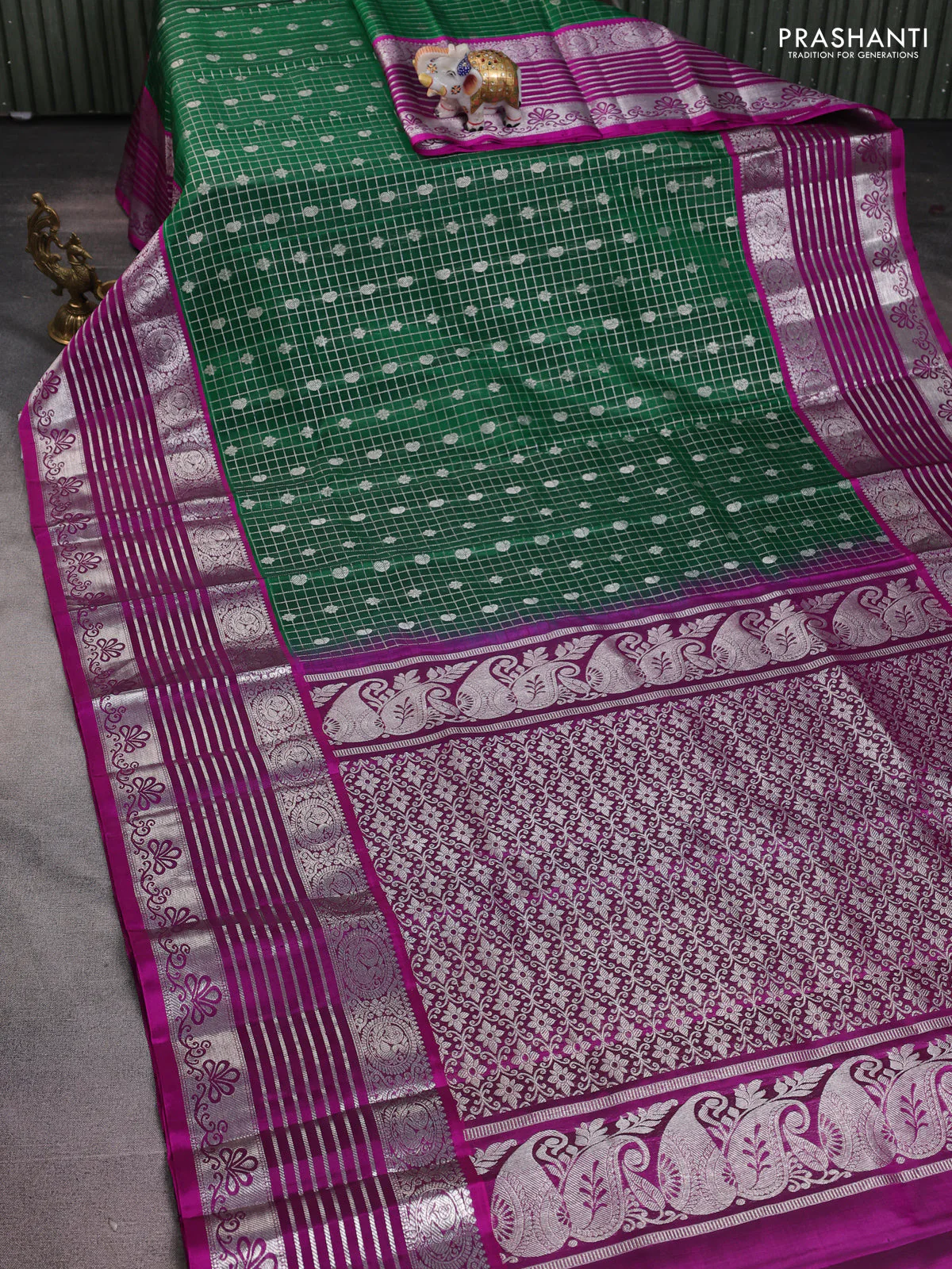 Venkatagiri silk saree green and purple with allover silver zari checks & buttas and long silver zari woven border - Image 2