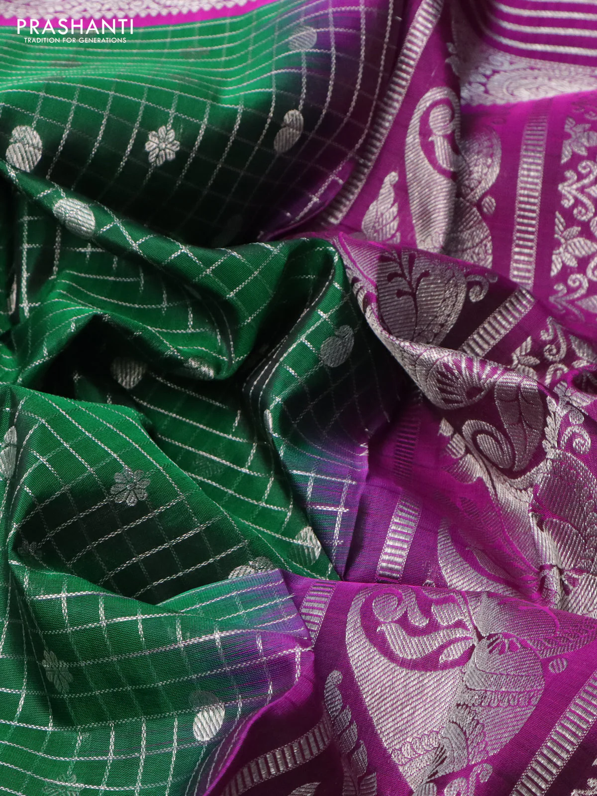 Venkatagiri silk saree green and purple with allover silver zari checks & buttas and long silver zari woven border - Image 3