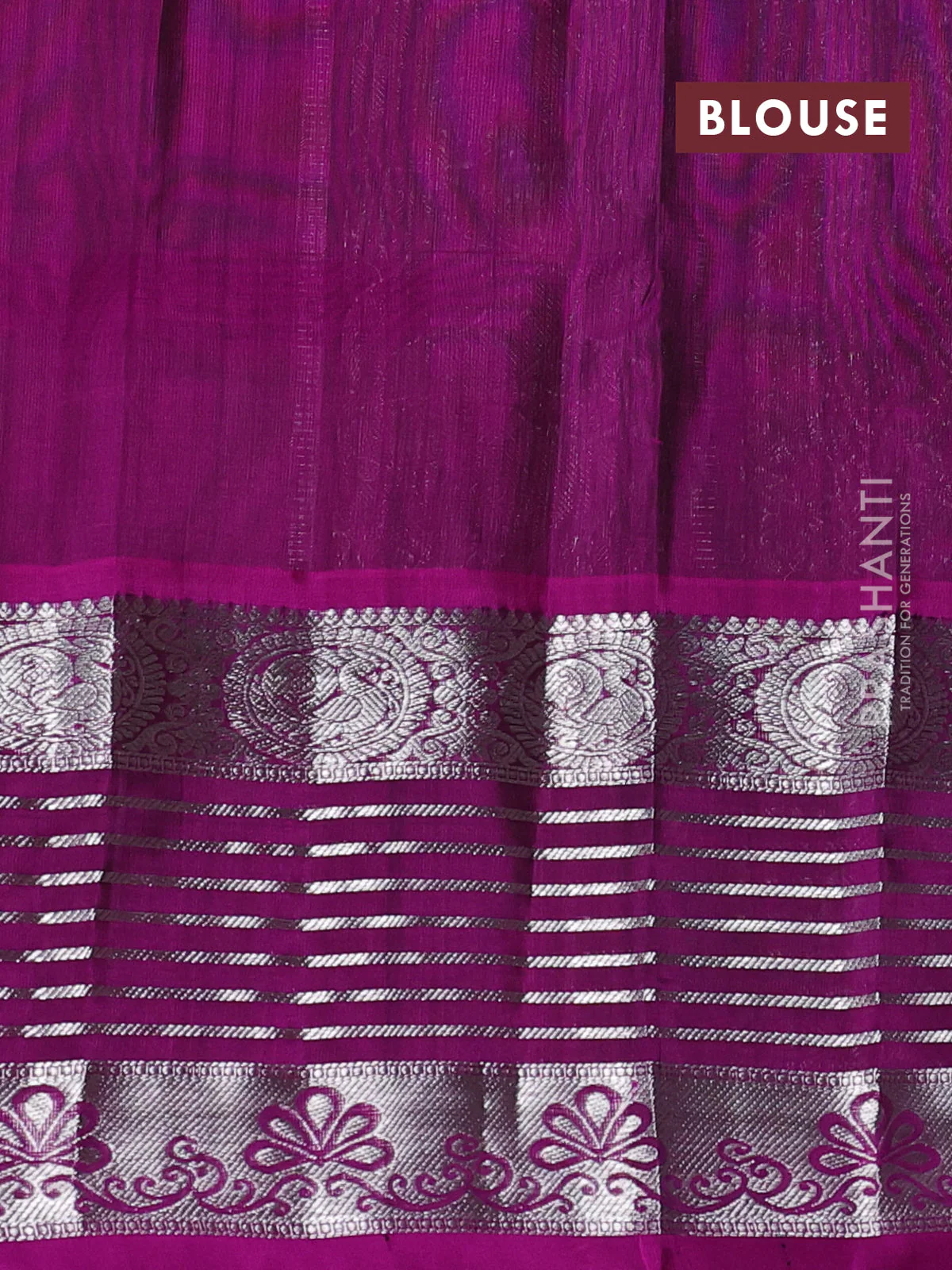 Venkatagiri silk saree green and purple with allover silver zari checks & buttas and long silver zari woven border - Image 4