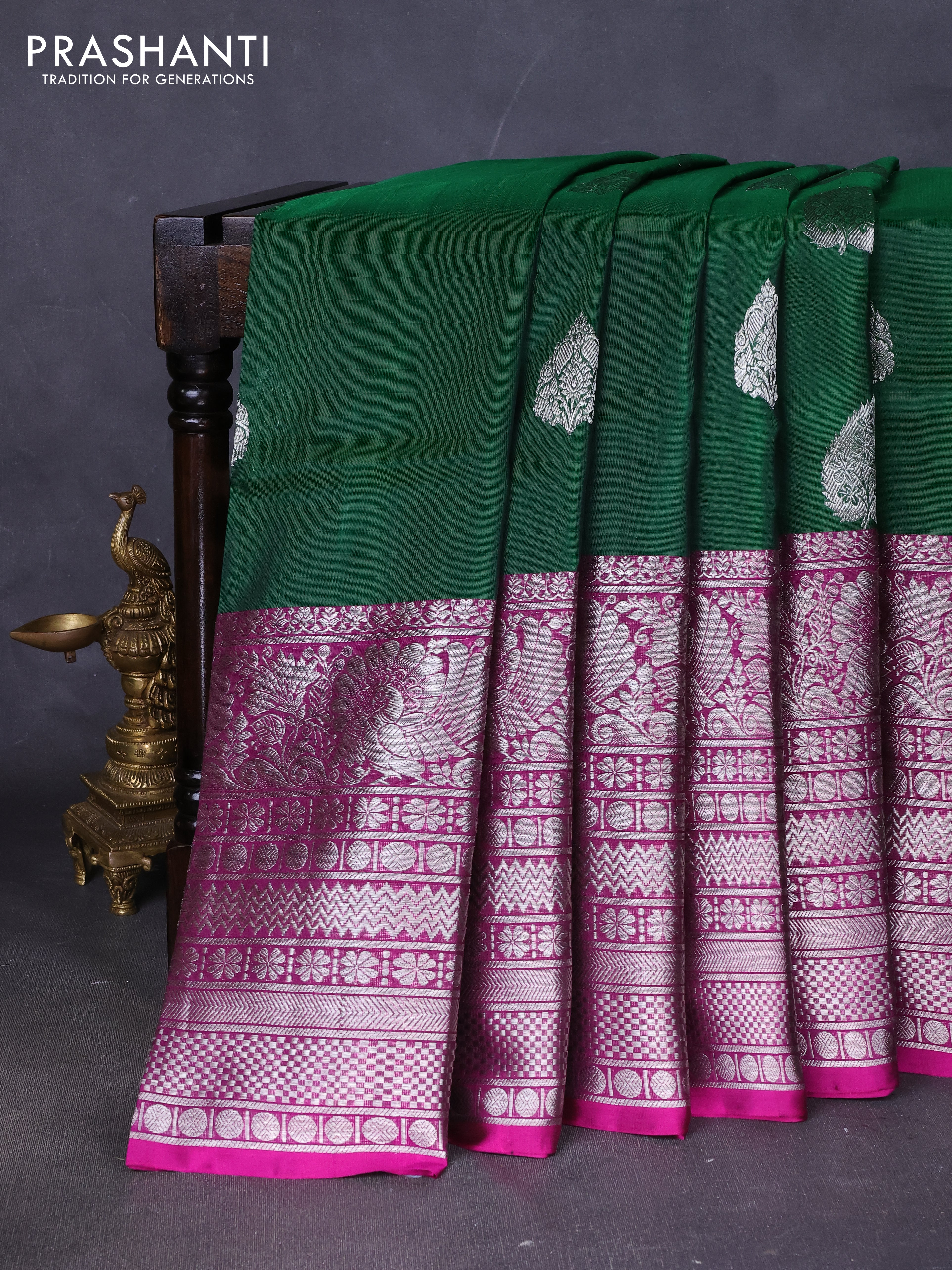Venkatagiri silk saree green and purple with allover silver zari woven buttas and long silver zari woven border