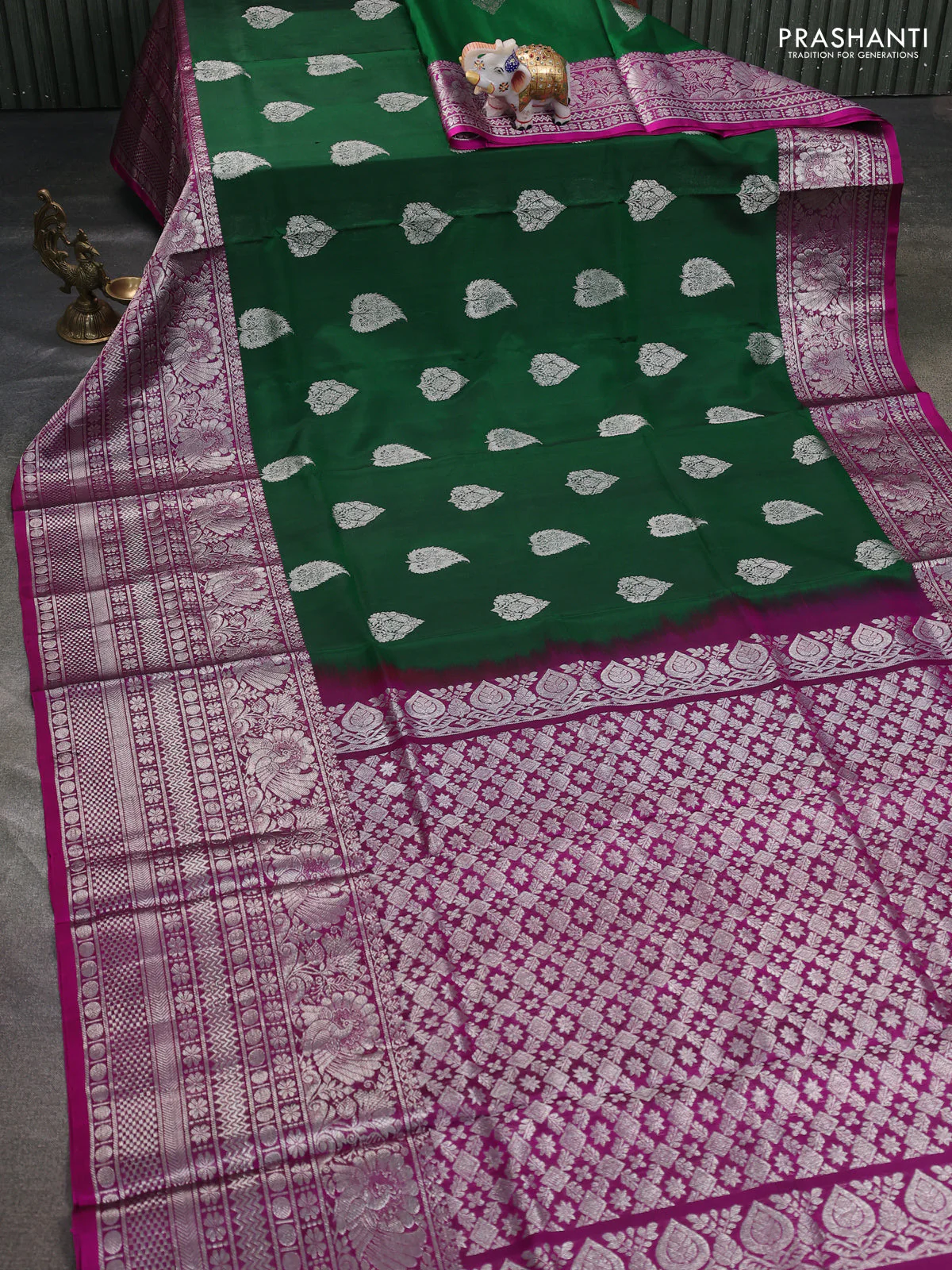 Venkatagiri silk saree green and purple with allover silver zari woven buttas and long silver zari woven border - Image 2