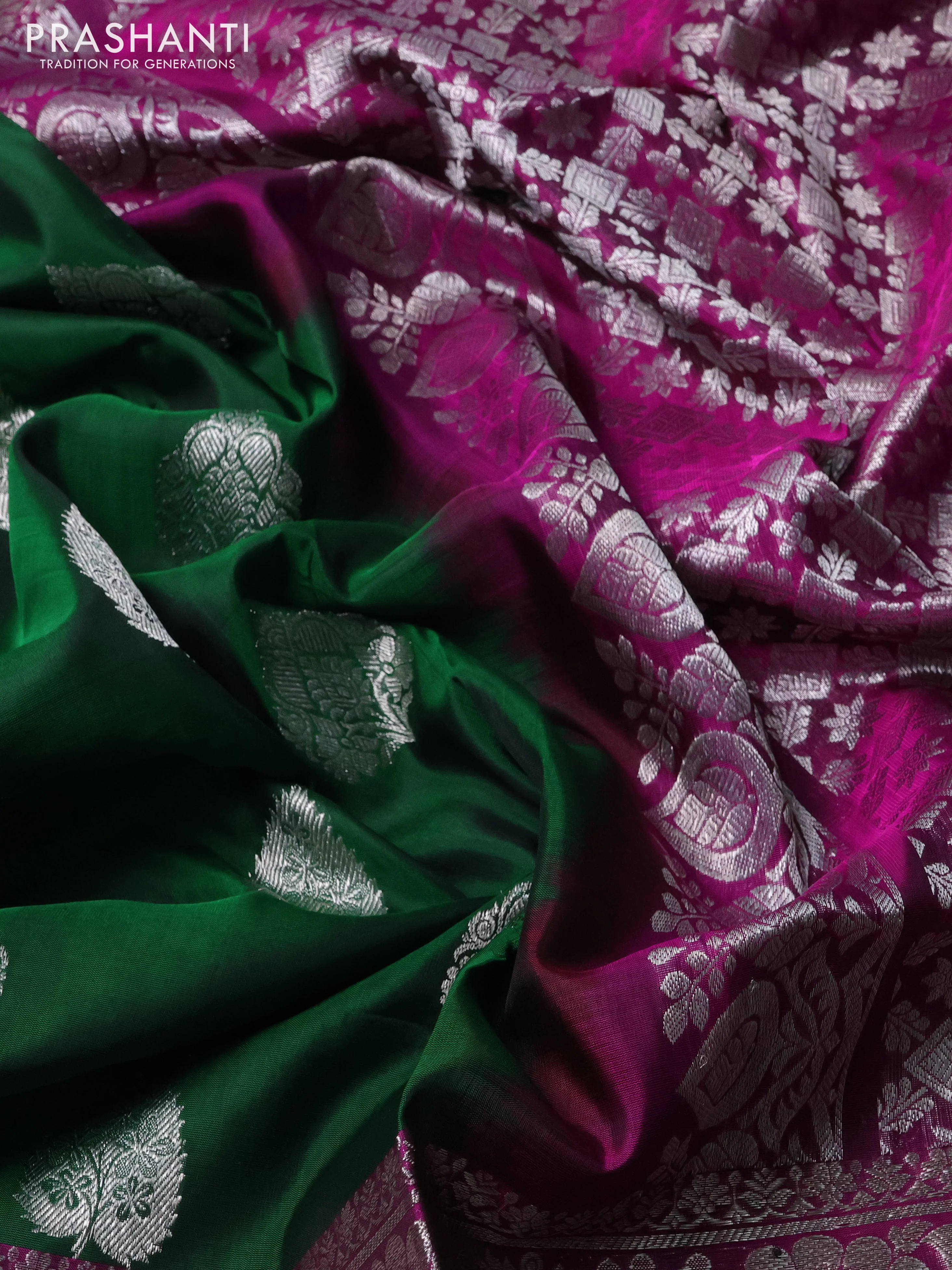 Venkatagiri silk saree green and purple with allover silver zari woven buttas and long silver zari woven border - Image 3