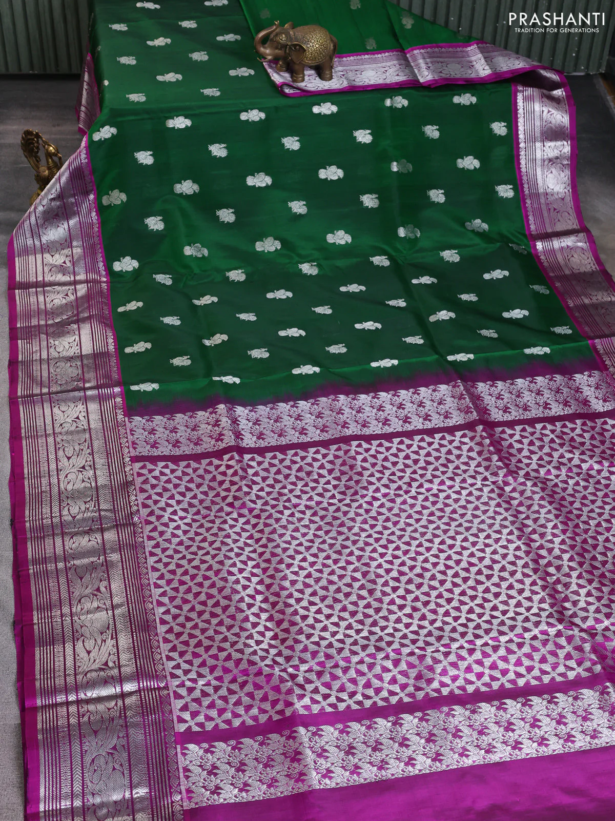 Venkatagiri silk saree green and purple with silver zari woven buttas and silver zari woven border - Image 2