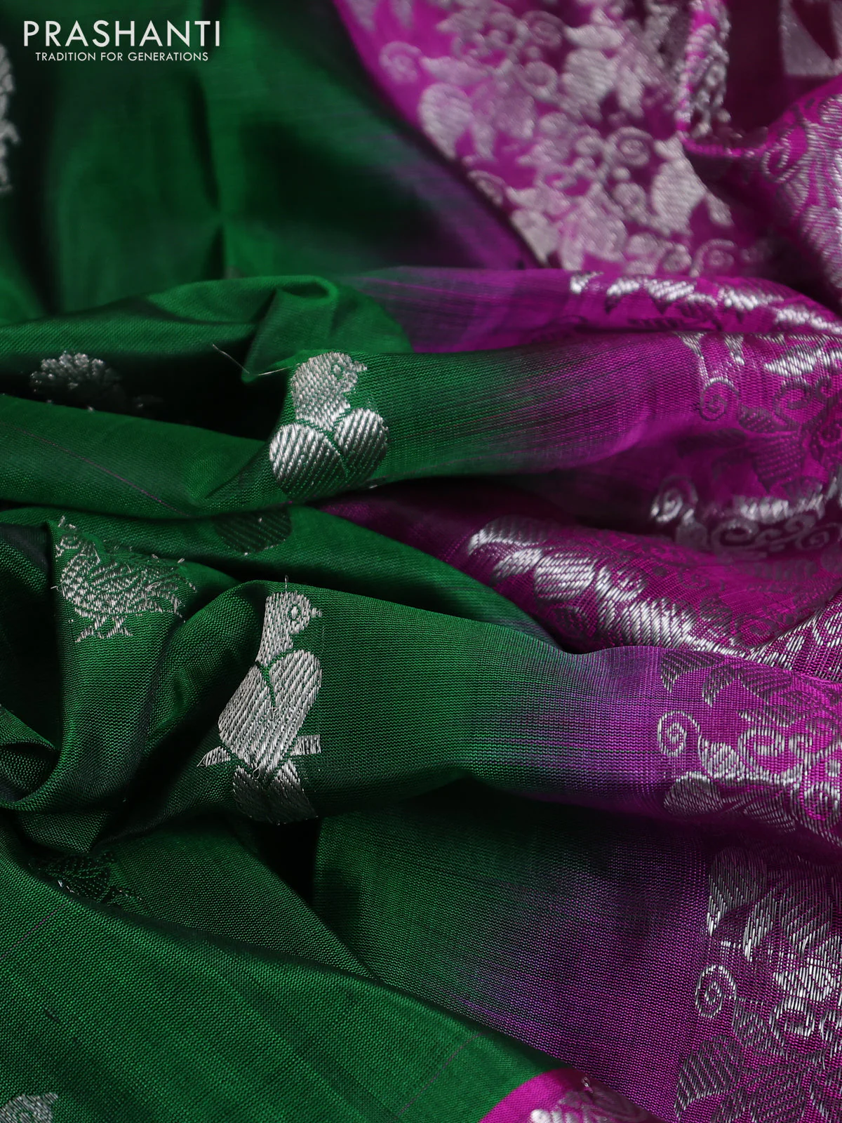 Venkatagiri silk saree green and purple with silver zari woven buttas and silver zari woven border - Image 3