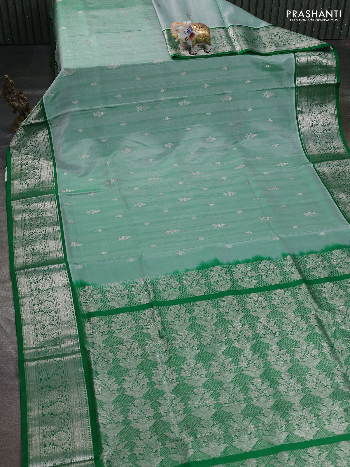 Venkatagiri silk saree green shade and green with silver zari woven buttas and silver zari woven border - Image 2
