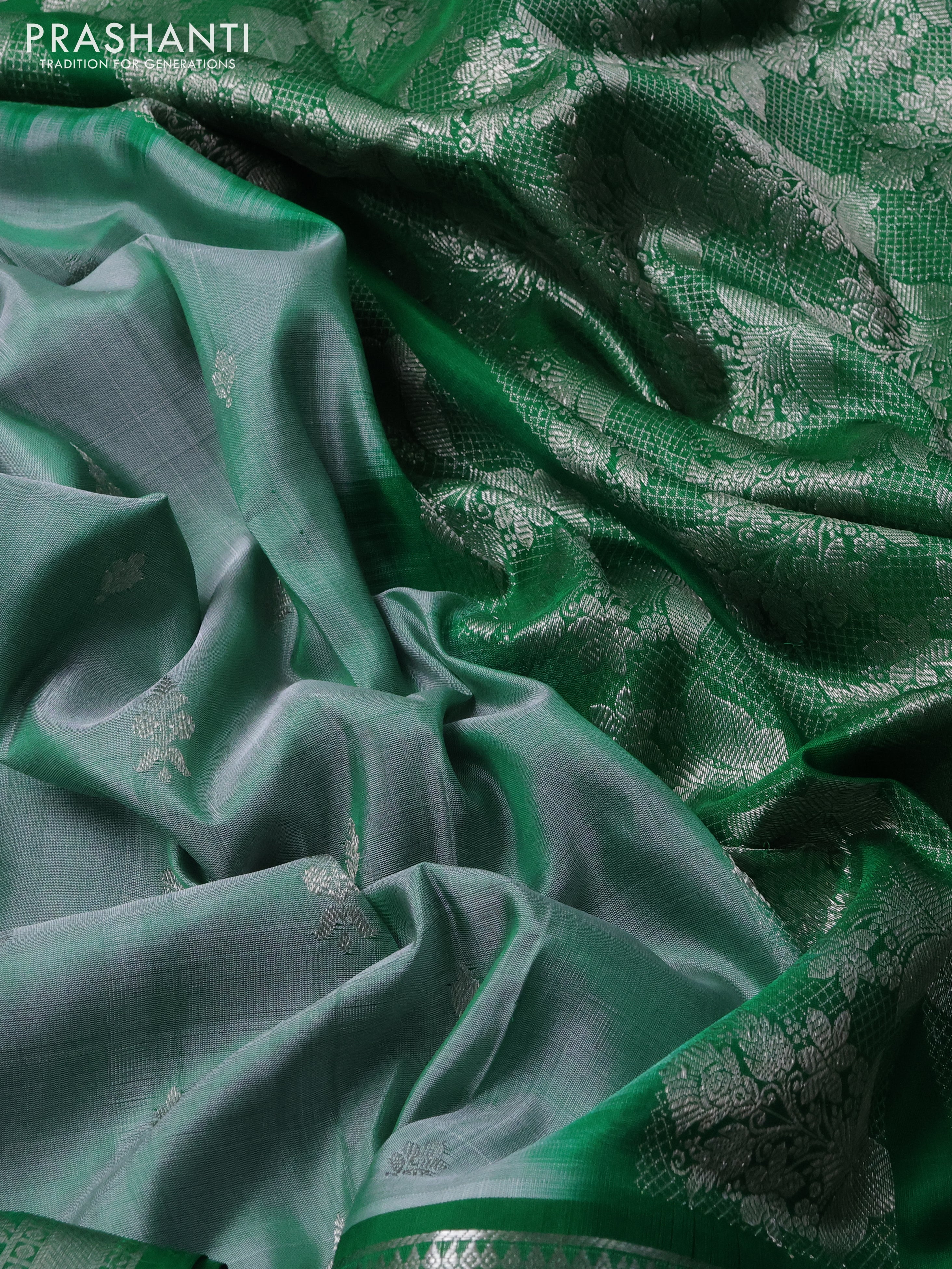 Venkatagiri silk saree green shade and green with silver zari woven buttas and silver zari woven border - Image 3